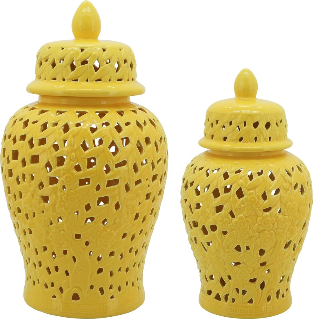 Sagebrook Bright Yellow Pierced Ceramic Vase 24 Inches: Sagebrook Bright Yellow Pierced Ceramic Vase 24 Inches Enhance your home decor with this elegant bright yellow pierced vase, crafted from durable ceramic stoneware. This modern piece stands at an impr