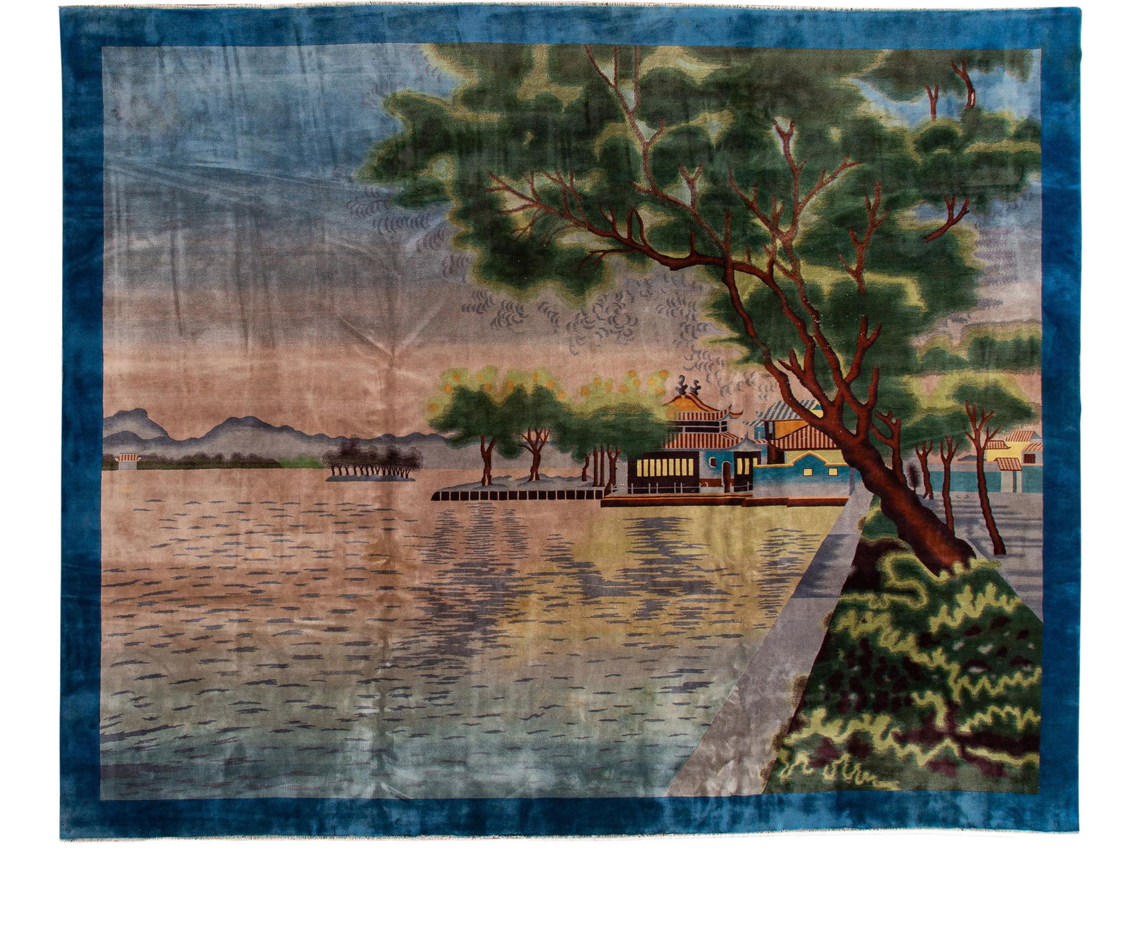 Antique Chinese Art Deco Handmade Wool Rug 12'2 x 14'10: Antique Chinese Art Deco Handmade Wool Rug 12'2 x 14'10 Discover the elegance of this stunning antique oversize Art Deco Chinese hand-knotted wool rug, featuring a vibrant multicolor field. The rug is