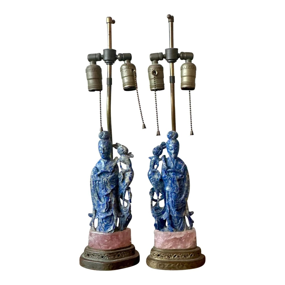 Pair of Lapis Lazuli Figural Lamps on Rose Quartz Bases Hollywood Regency Style Set of 2: Pair of Lapis Lazuli Figural Lamps on Rose Quartz Bases Hollywood Regency Style Set of 2 This pair of vintage lamps showcases Hollywood Regency style with figural bodies carved from genuine lapis lazu