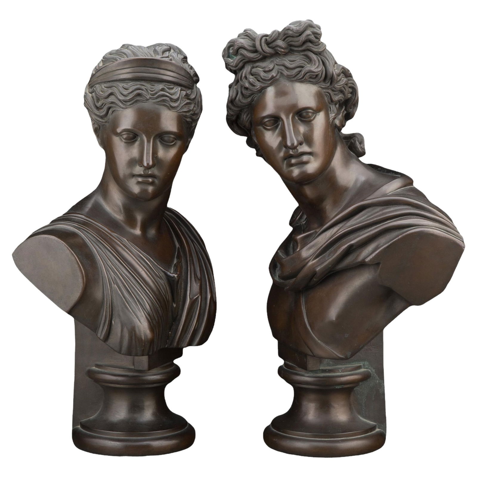 Set of Two 19th Century Neoclassical French Apollo and Daphne Bronze Busts: Set of Two 19th Century Neoclassical French Apollo and Daphne Bronze Busts This pair of French late 19th-century busts depicts Apollo and Daphne in a neoclassical style. Each bust is bronze clad, show