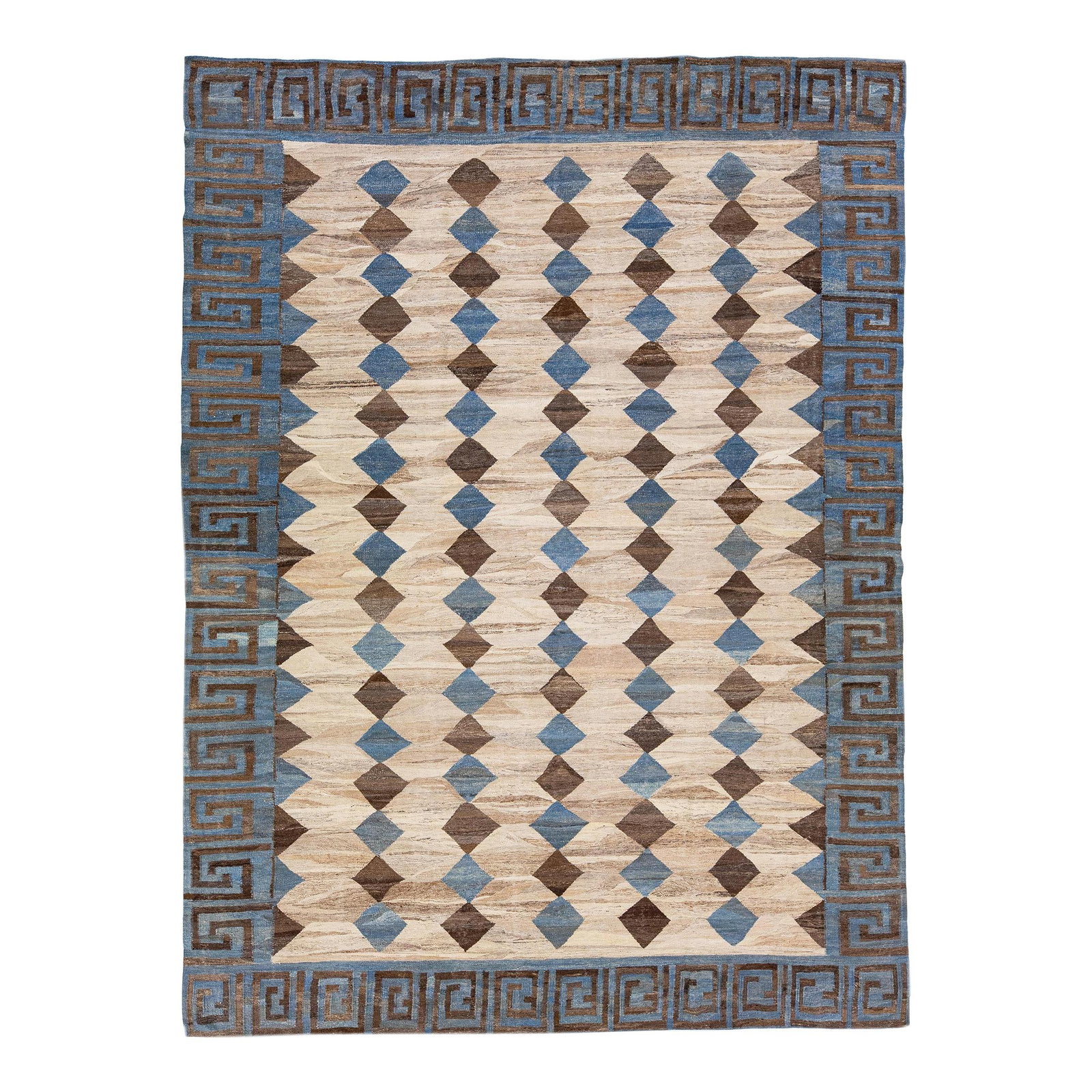 Beige Deco Flatweave Wool Rug 10' x 13'3' Modern Geometric Design: Beige Deco Flatweave Wool Rug 10' x 13'3' Modern Geometric Design Transform your space with this stunning Deco flatweave wool rug, featuring a captivating beige color field complemented by brown and b