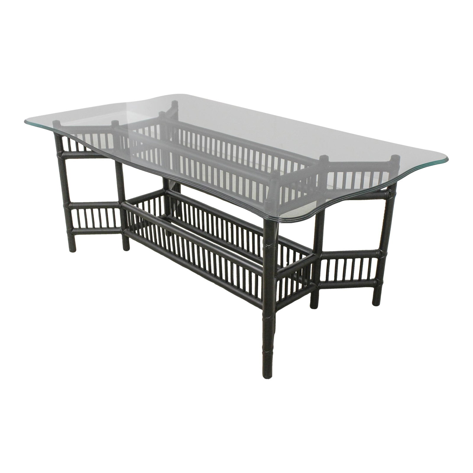 Elegant Bamboo Form Black Base Glass Dining Table 41 x 70.5: Elegant Bamboo Form Black Base Glass Dining Table 41 x 70.5 This elegant dining room table features a striking bamboo form base topped with a glass surface. With an age of approximately 30 years, it s