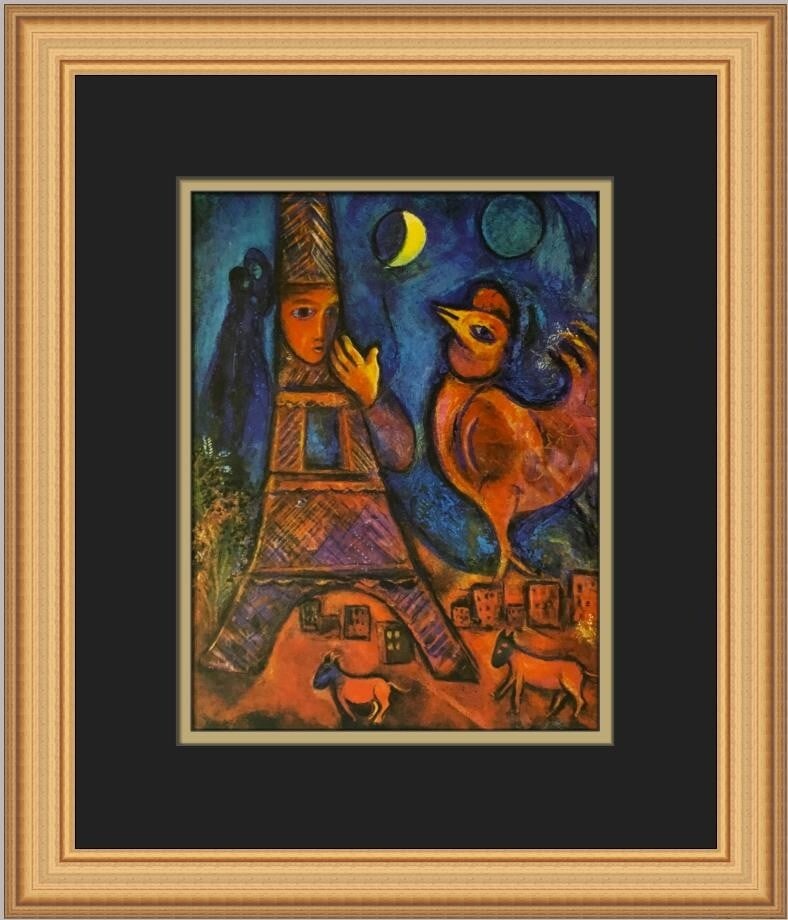 Marc Chagall Bonjour Paris Custom Framed Print 14x13 Expressionism 1978: Marc Chagall Bonjour Paris Custom Framed Print 14x13 Expressionism 1978 This exquisite custom framed print titled 'Bonjour Paris' by renowned artist Marc Chagall showcases a beautiful blend of Express
