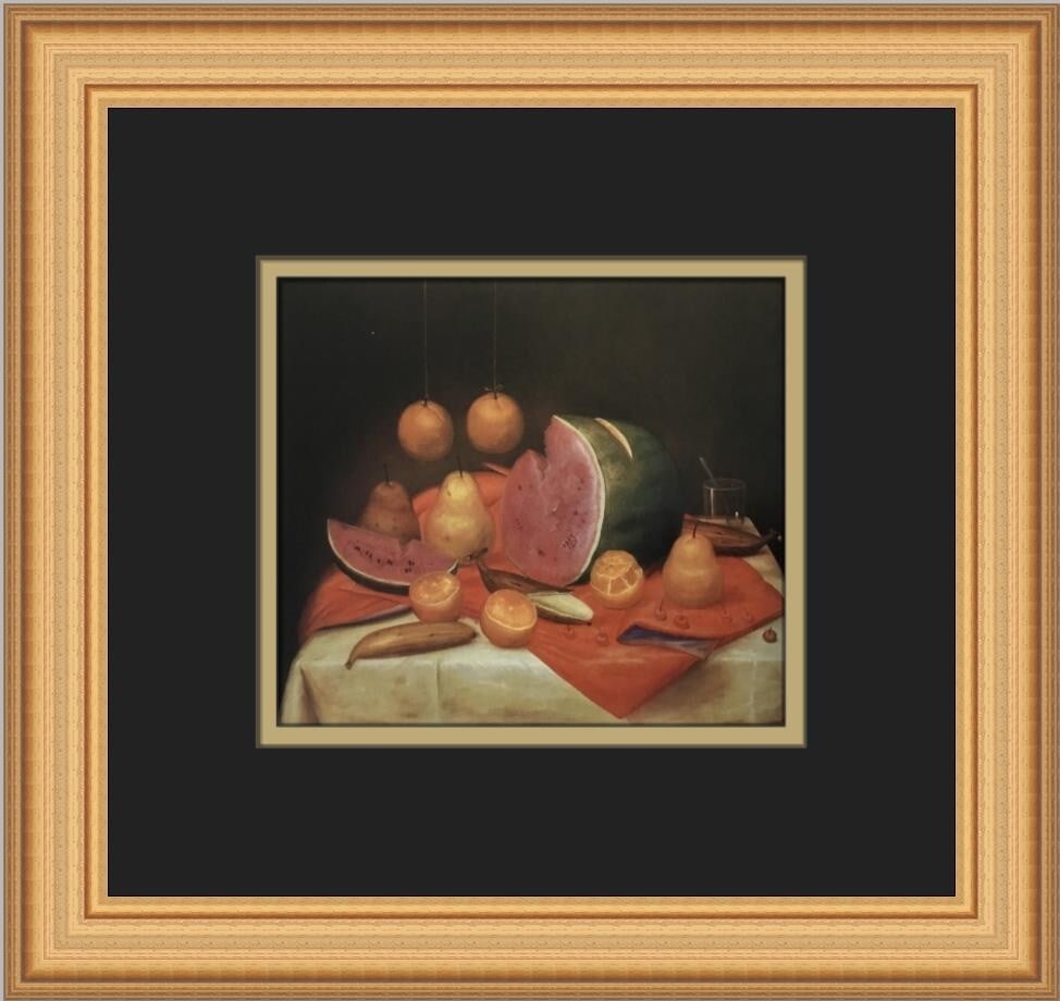 Fernando Botero Still-Life with Watermelons Custom Framed Art Print: Fernando Botero Still-Life with Watermelons Custom Framed Art Print Experience the vibrant artistry of Fernando Botero with this captivating print titled "Still-Life with Watermelons." This medium-siz