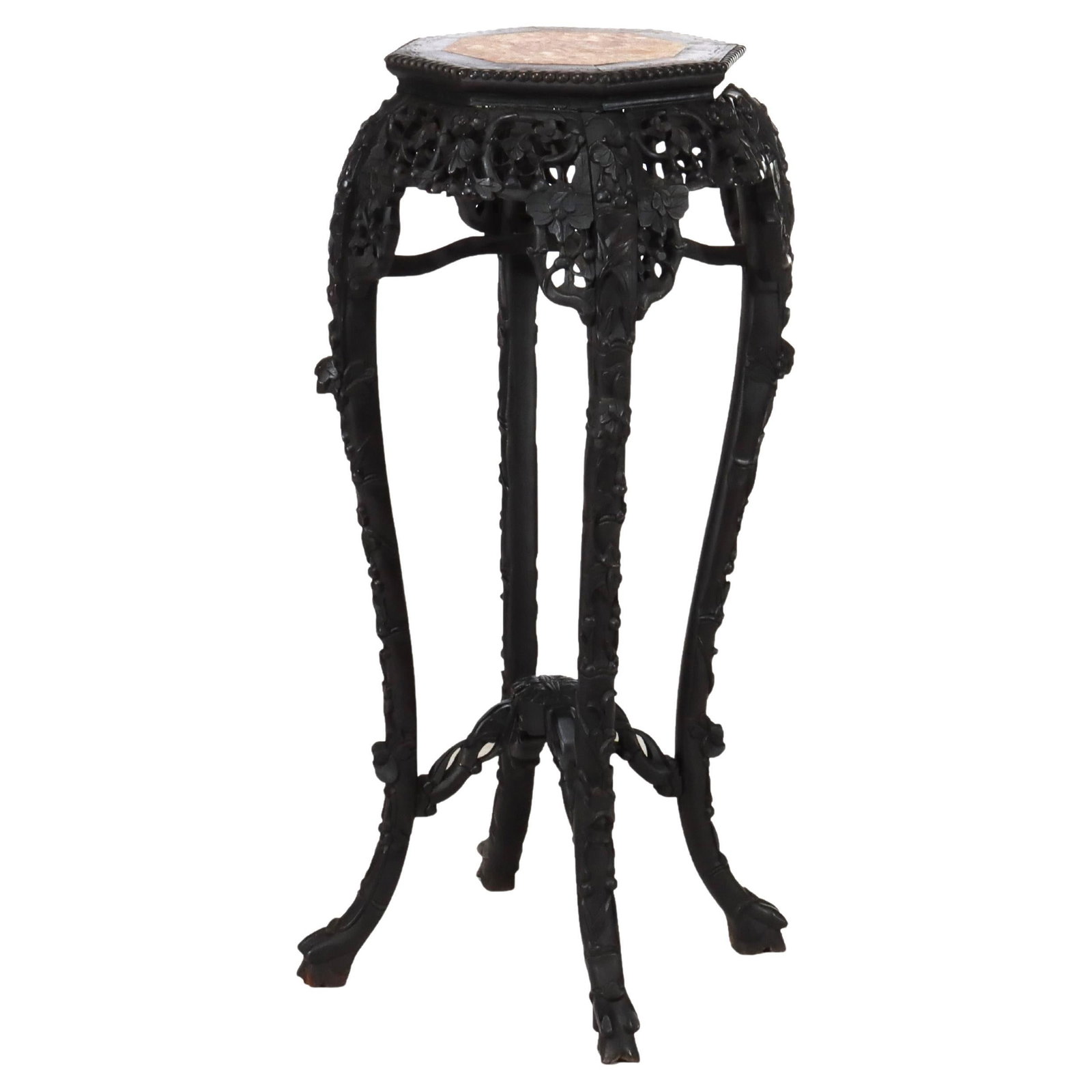 Antique Chinese Rosewood Stand with Rouge Marble Top C1920: Antique Chinese Rosewood Stand with Rouge Marble Top C1920 This exquisite antique Chinese stand, crafted around 1920, showcases intricate floral carvings on rich rosewood, exemplifying traditional Chi