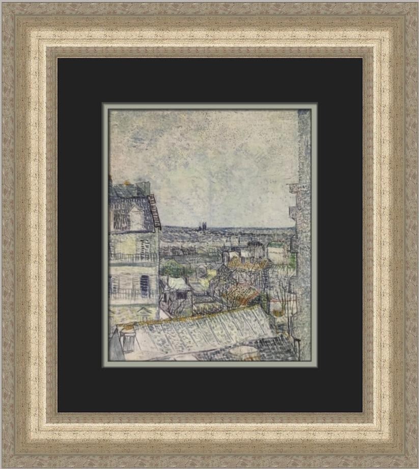 Vincent Van Gogh A View of Paris Custom Framed Art Print: Vincent Van Gogh A View of Paris Custom Framed Art Print This custom framed print features Vincent Van Gogh's renowned artwork, "A View of Paris from Vincent's Room." Measuring 16 in x 15 in overall,