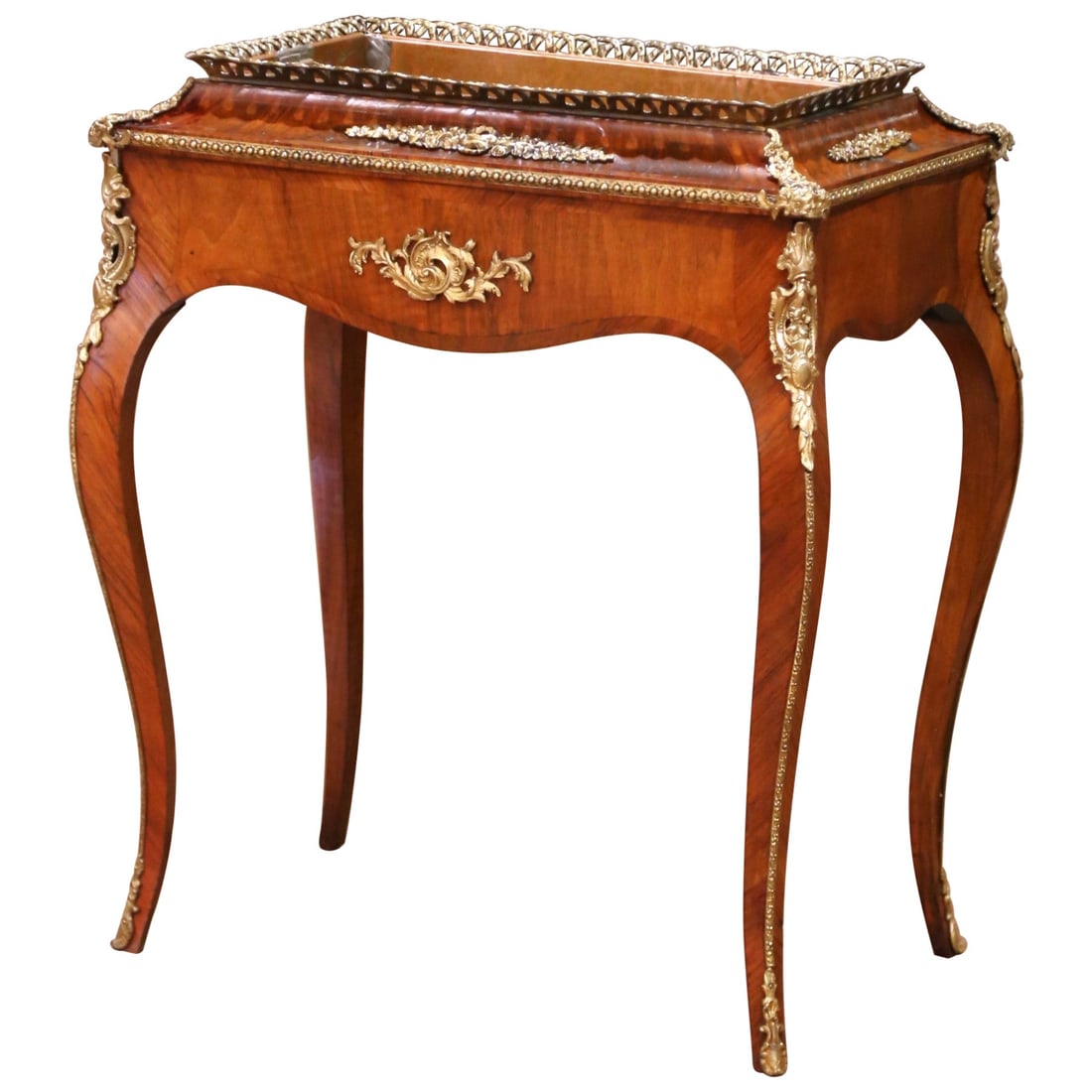 19th Century French Louis XV Jardiniere with Bronze Ormolu and Zinc Tray: 19th Century French Louis XV Jardiniere with Bronze Ormolu and Zinc Tray This exquisite 19th-century French jardiniere showcases the elegance of the Louis XV style. Crafted circa 1860, it features a s