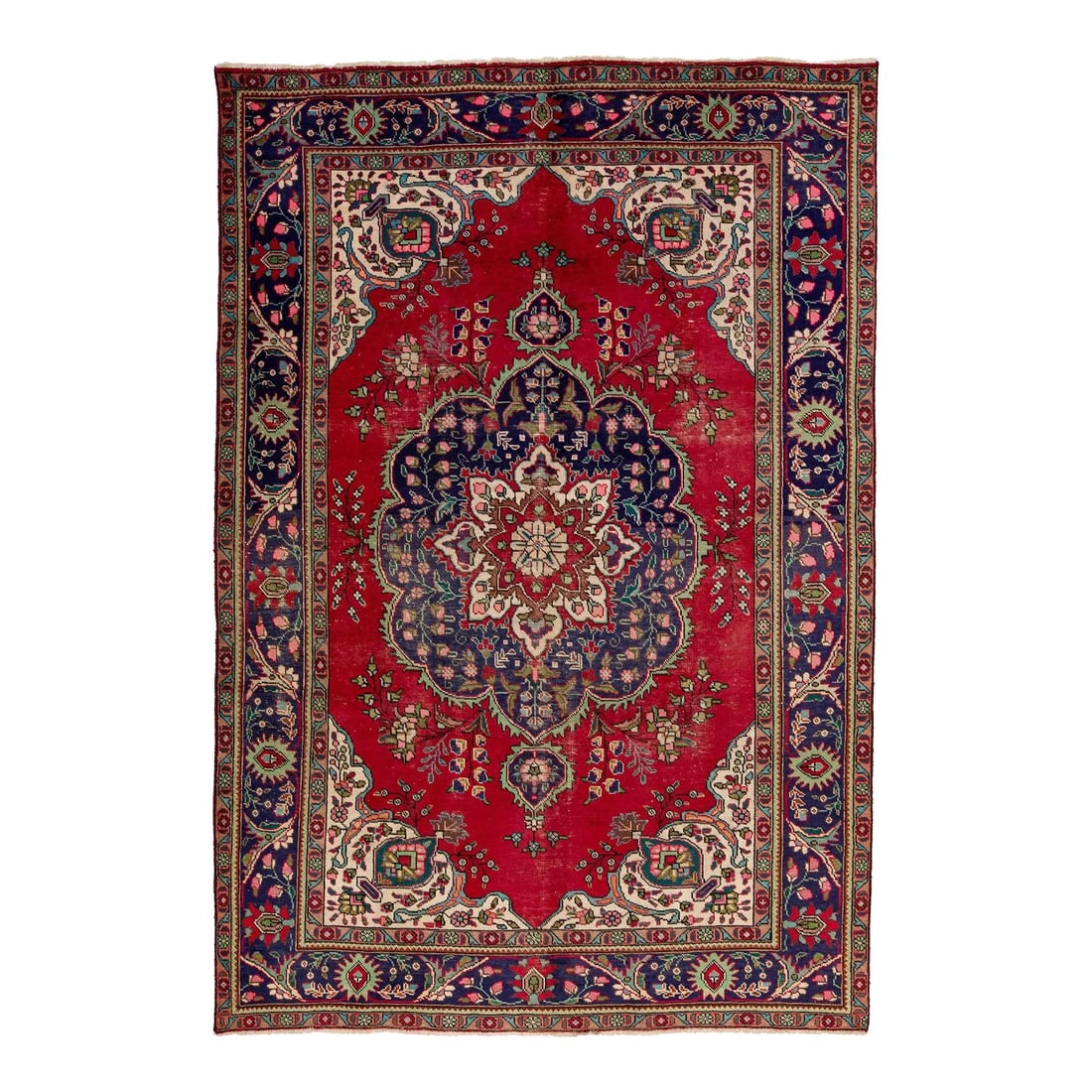 1960s Handmade Persian Tabriz Wool Rug Red Floral Design 6'7 x 9'8: 1960s Handmade Persian Tabriz Wool Rug Red Floral Design 6'7 x 9'8 This stunning vintage Persian Tabriz rug showcases a beautifully hand-knotted wool construction with a vibrant red field and an intri