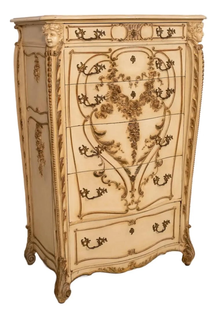 Large Painted High Chest with Cherub Carvings circa 1880-1910 Brass Hardware (1 of 10)