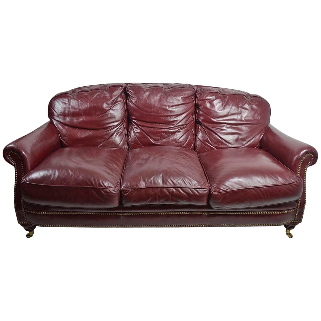 Burgundy Leather Sofa with Brass Studs Classic Design (1 of 10)