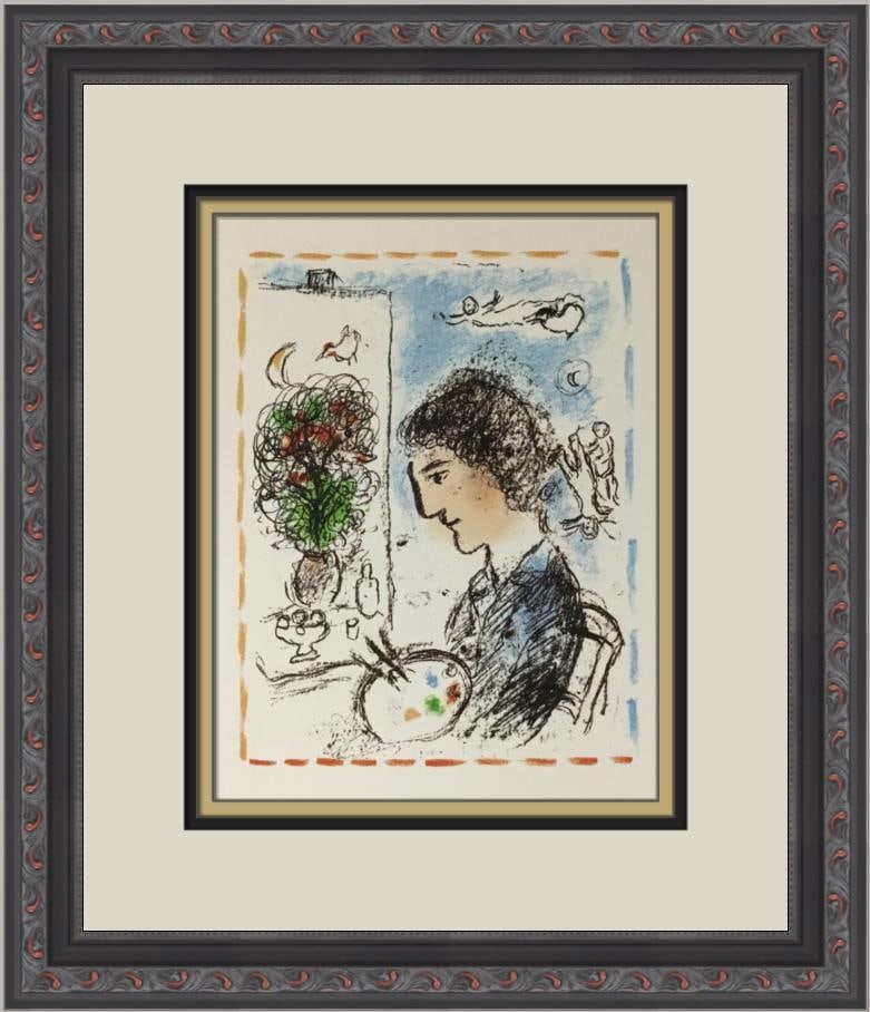 Marc Chagall The Flowering Easle Custom Framed Lithograph Art Print: Marc Chagall The Flowering Easle Custom Framed Lithograph Art Print This custom framed print titled "The Flowering Easle" by Marc Chagall showcases a harmonious blend of Cubism, Modernism, and Surreal