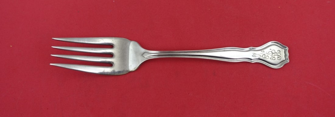 Wallace Nile Sterling Silver Salad Fork 6 1/8" Monogrammed: Wallace Nile Sterling Silver Salad Fork 6 1/8" Monogrammed This exquisite salad fork is part of the Nile pattern by Wallace, crafted from high-quality sterling silver. Measuring 6 1/8 inches, it featu