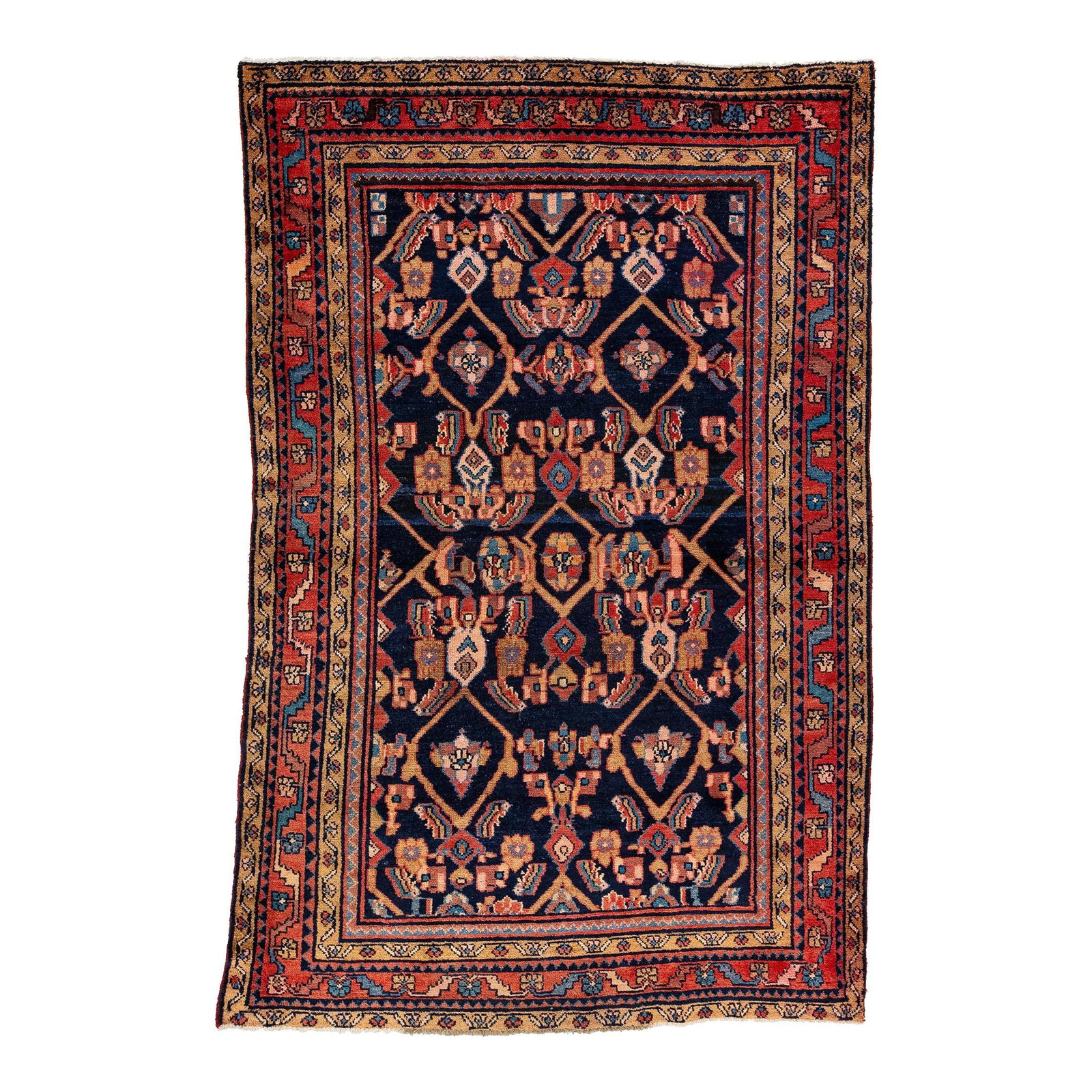 1960s Handmade Persian Kazak Wool Rug Navy Blue Geometric Design: 1960s Handmade Persian Kazak Wool Rug Navy Blue Geometric Design Discover the timeless beauty of this 1960s handmade Persian Kazak wool rug. Featuring a striking navy blue field adorned with a vibrant