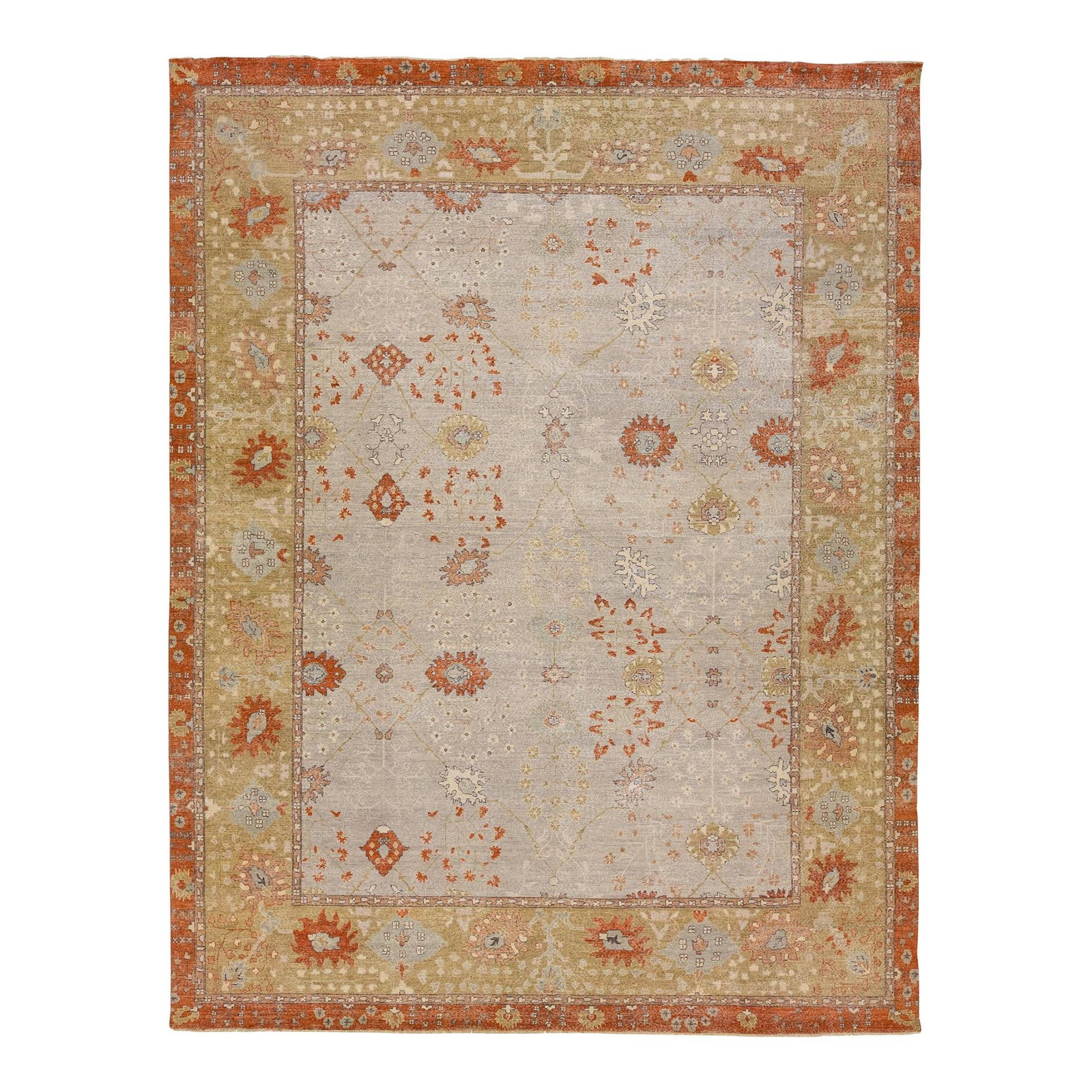 2010s Modern Tabriz Handmade Floral Wool Rug Gray Orange 11'9 x 15'3: 2010s Modern Tabriz Handmade Floral Wool Rug Gray Orange 11'9 x 15'3 This stunning handmade wool rug from the Artisan Line features a captivating all-over floral design in a sophisticated gray and ora