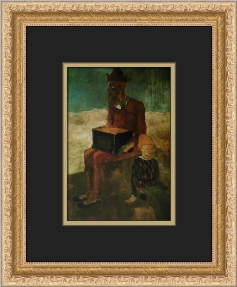 Pablo Picasso Hurdy-Gurdy Player Custom Framed Art Print: Pablo Picasso Hurdy-Gurdy Player Custom Framed Art Print Discover a stunning art piece featuring Pablo Picasso's "Hurdy-Gurdy Player and Young Harlequin," beautifully custom framed to enhance its appe