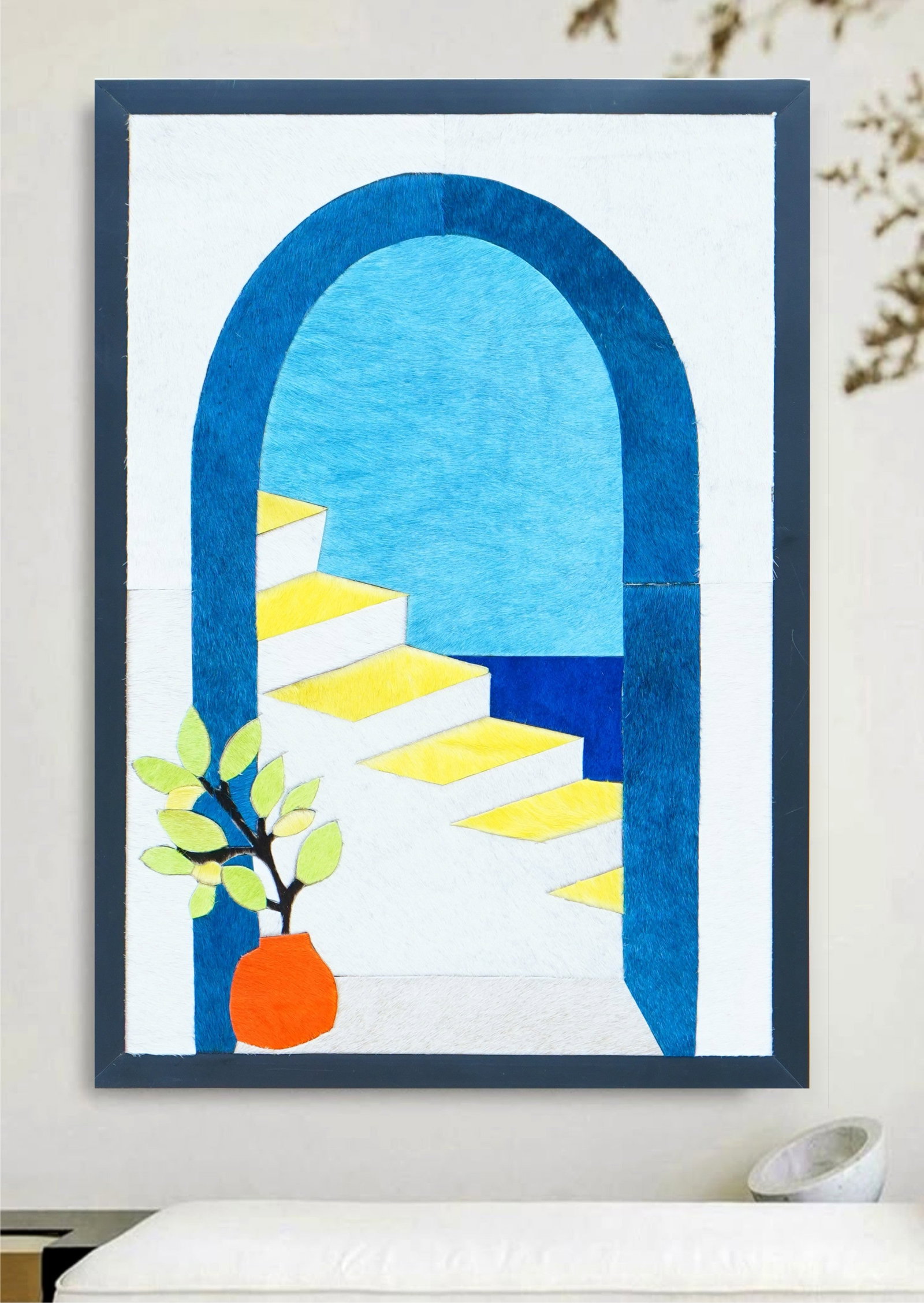 Handcrafted Blue White Cowhide Inlay Arch Wall Art Coastal Landscape: Handcrafted Blue White Cowhide Inlay Arch Wall Art Coastal Landscape Free continental US Shipping This handcrafted wall art features a modern Mediterranean-inspired archway and staircase design, metic