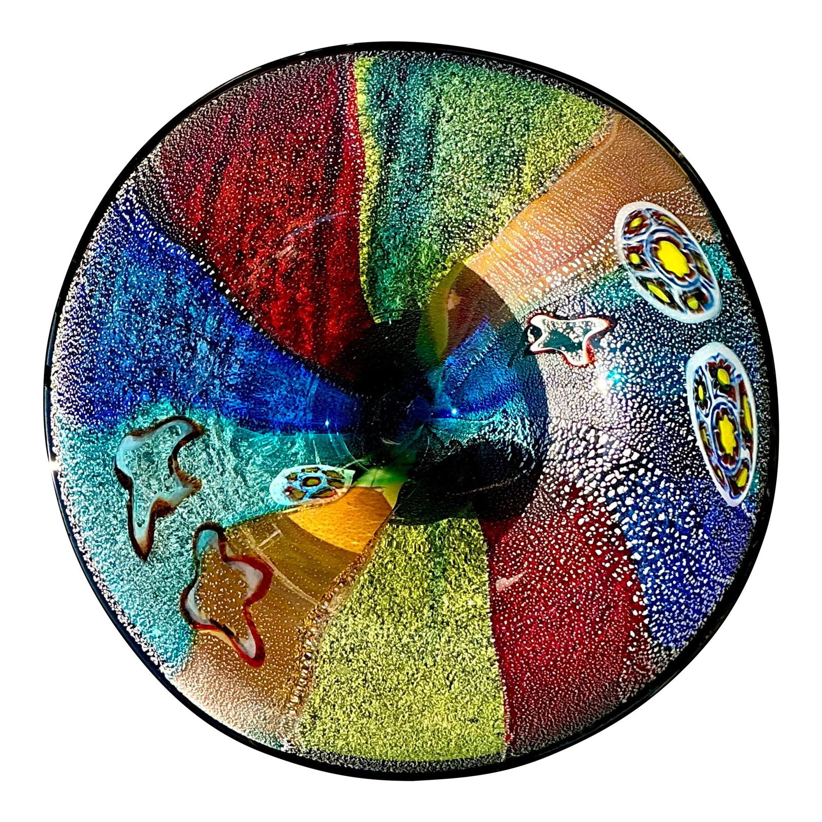 Vintage Murano Glass Bowl Colorful Millefiori Design 17.75": Vintage Murano Glass Bowl Colorful Millefiori Design 17.75" Enhance your decor with this exquisite vintage Italian art glass bowl, crafted in the iconic Murano style. Showcasing a brilliant array of r