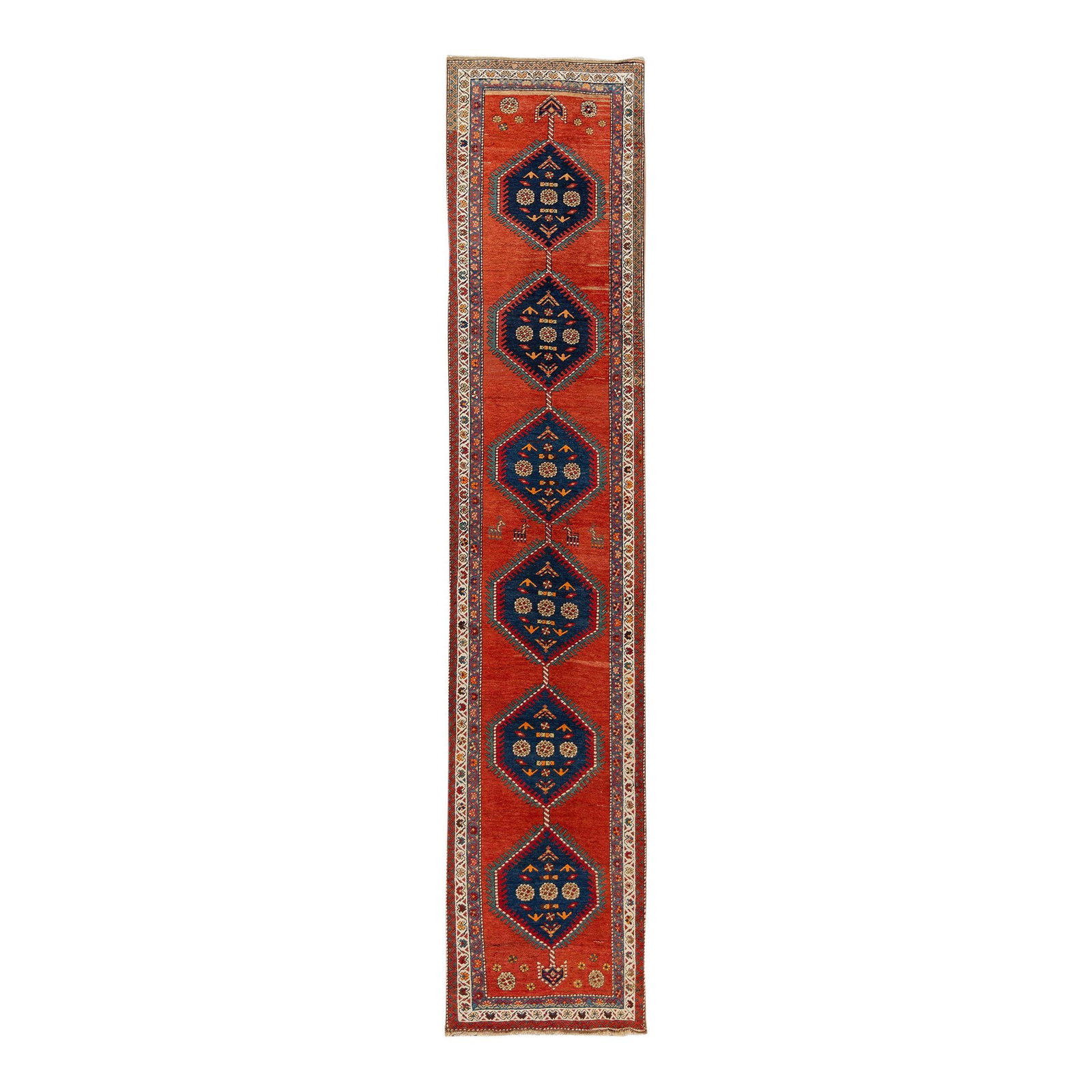 1920s Antique Heriz Handmade Tribal Wool Runner Rust-Orange 3'3 x 14'5: 1920s Antique Heriz Handmade Tribal Wool Runner Rust-Orange 3'3 x 14'5 This stunning 20th-century Heriz hand-knotted wool runner showcases a vibrant rust-orange field, adorned with multicolor accents