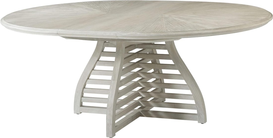 Theodore Alexander Pine Breeze Extendable Oval Dining Table Sea Salt Finish: Theodore Alexander Pine Breeze Extendable Oval Dining Table Sea Salt Finish Introducing the Pine Breeze Slatted Table with Extendable Leaves, a beautifully crafted dining table that combines functiona