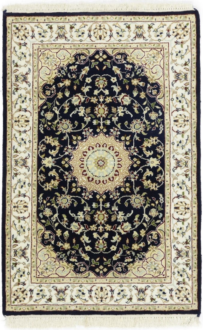 Hand-Knotted Wool and Silk Floral Rug 2'8 x 4'1 Modern Indian Design: Hand-Knotted Wool and Silk Floral Rug 2'8 x 4'1 Modern Indian Design This Indo-Nain Oriental rug features a dark navy background with a floral pattern and is expertly hand-knotted from a blend of wool