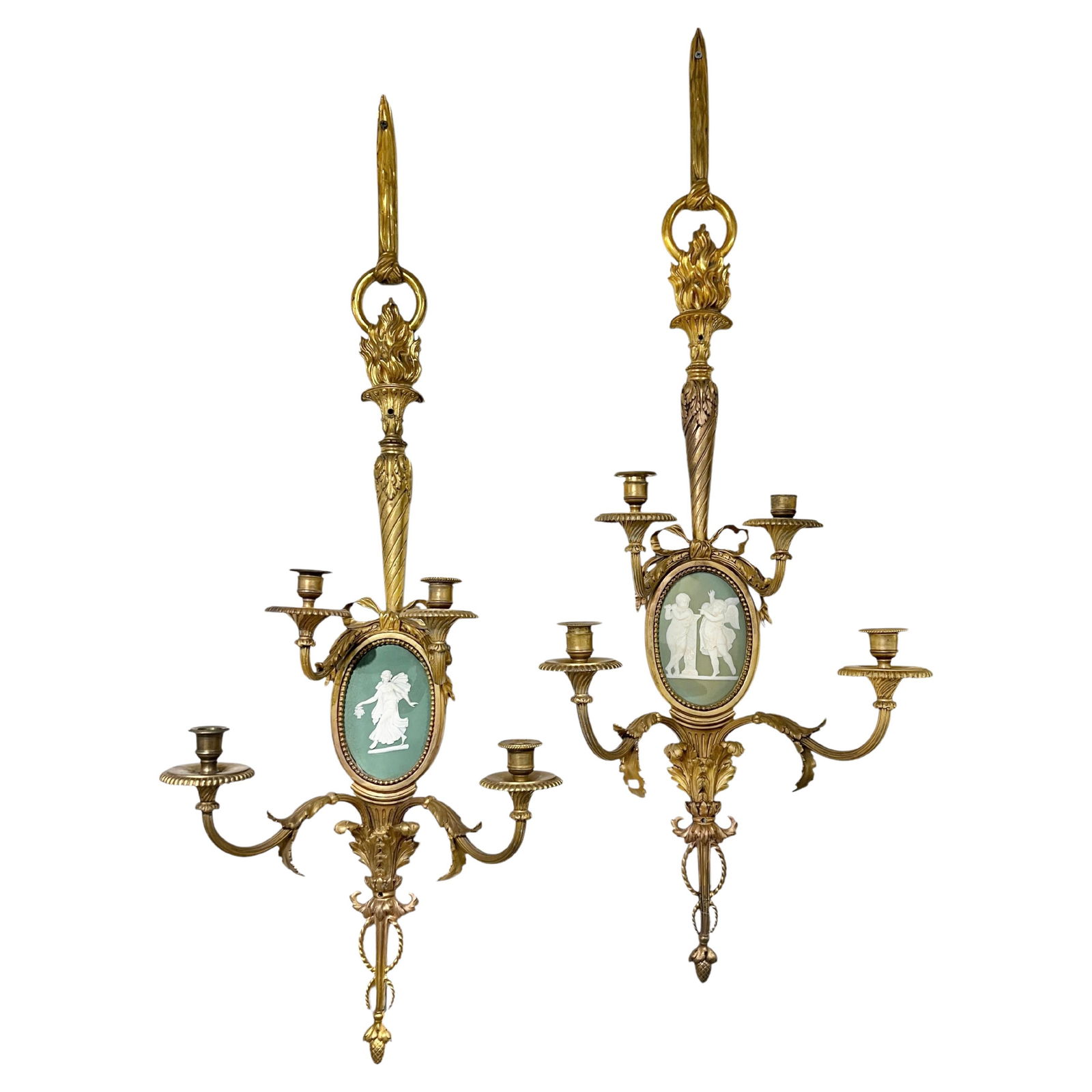 Set of 2 French Louis XVI Gilt Bronze Sconces with Jasper Porcelain Plaques: Set of 2 French Louis XVI Gilt Bronze Sconces with Jasper Porcelain Plaques This pair of large antique French Louis XVI style sconces from the late 19th century features gilt bronze construction and o