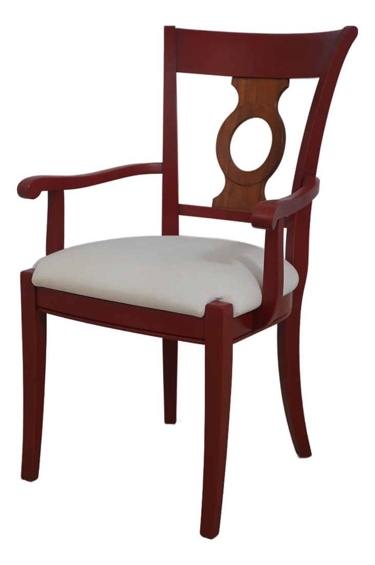 Grange French Brick Red Shield Back Armchair with Fine Carved Details: Grange French Brick Red Shield Back Armchair with Fine Carved Details This exquisite Grange French Brick Red Cherry Shield Back Armchair showcases fine craftsmanship with its Directoire Rochambeau des