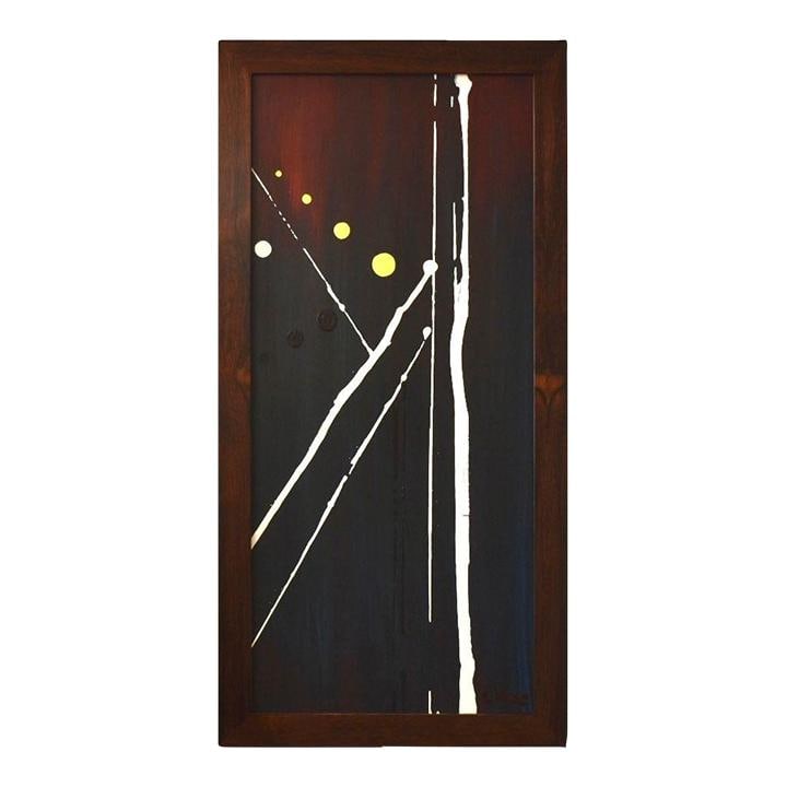 Chae Flux 1990s Abstract Acrylic Art in Brazilian Rosewood Frame: Chae Flux 1990s Abstract Acrylic Art in Brazilian Rosewood Frame This captivating 1990s abstract acrylic painting by Chae Flux showcases a linear and geometric scene that exudes a sense of order and s