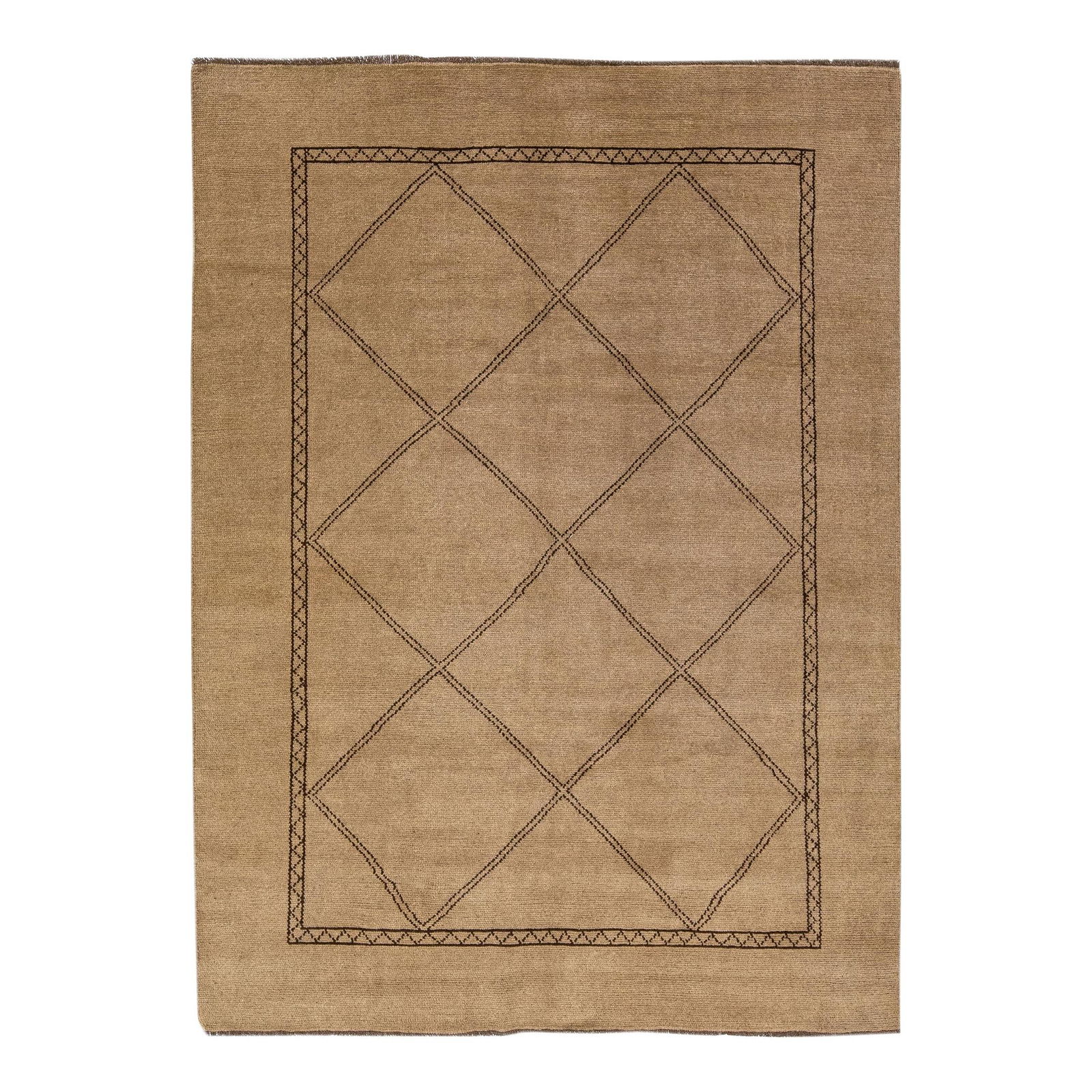Handmade Moroccan Wool Rug Brown Geometric Design 6'6 x 8'11: Handmade Moroccan Wool Rug Brown Geometric Design 6'6 x 8'11 Enhance your space with this stunning Moroccan-style handmade wool rug from our Northwest collection. Featuring a rich brown color field co