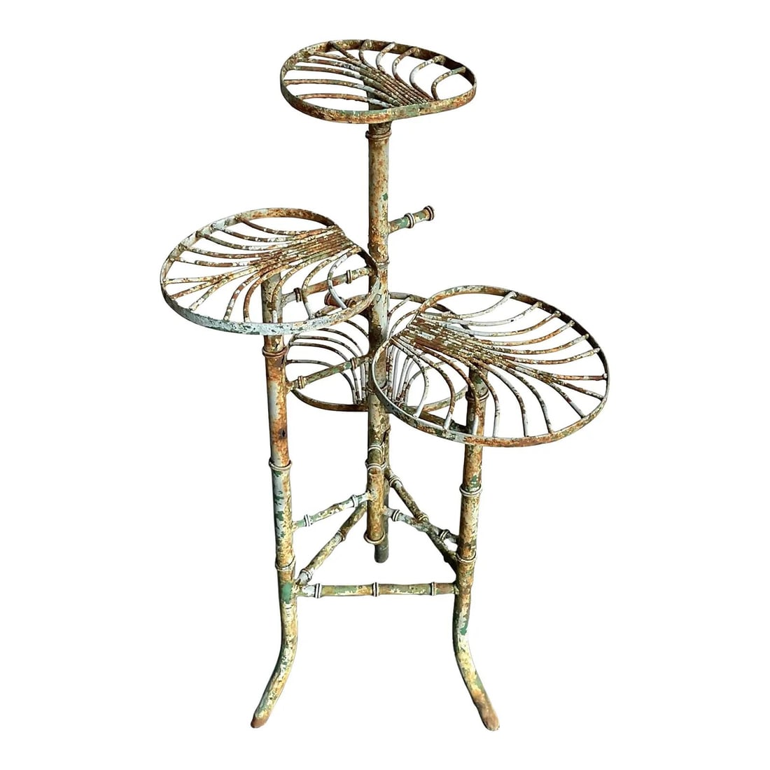 Iron Plant Stand With Leaf Motif and Aged Patina Boho Style 38.5" Tall: Iron Plant Stand With Leaf Motif and Aged Patina Boho Style 38.5" Tall This vintage plant stand combines Boho Chic and rustic design elements, featuring an intricately crafted iron frame adorned with