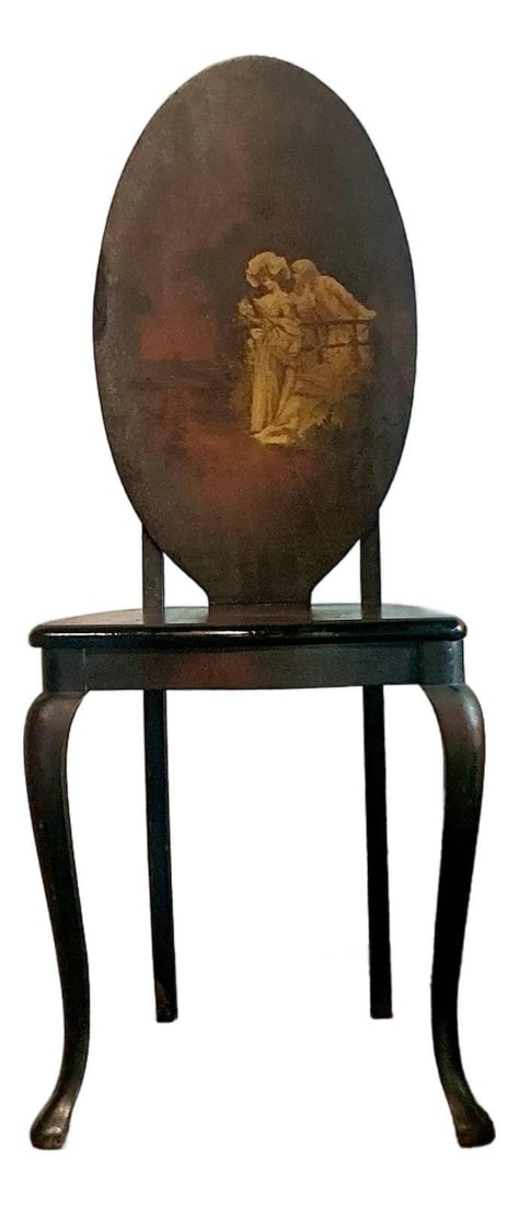 Vintage Hand Painted Accent Chair with Neoclassical Scene: Vintage Hand Painted Accent Chair with Neoclassical Scene Embrace the charm of artistry with this vintage hand-painted accent chair. Featuring an elegant silhouette with graceful cabriole legs and a s