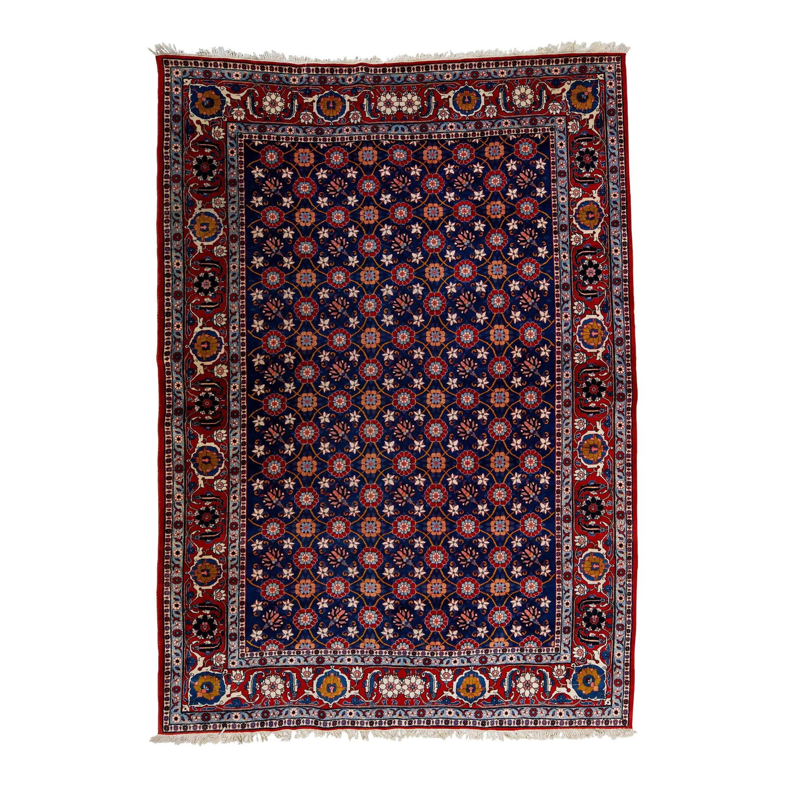 1920s Persian Tabriz Wool Rug Floral Motif Ink Blue 7'3 x 10'3 (1 of 7)