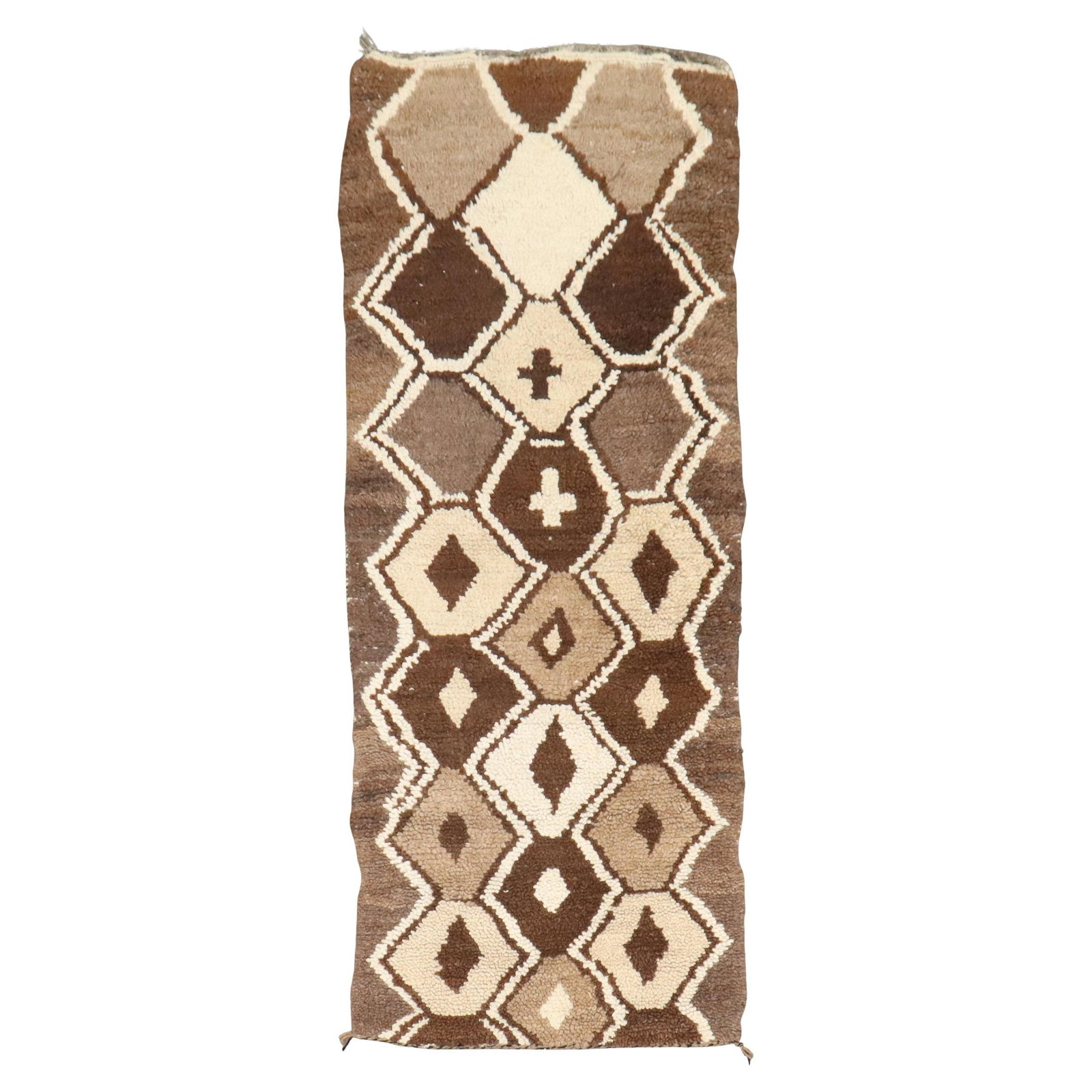 Zabihi Collection Hand-Woven Moroccan Runner 29 x 68 Wool Mid-Century Modern: Zabihi Collection Hand-Woven Moroccan Runner 29 x 68 Wool Mid-Century Modern This exquisite small Moroccan runner from the Zabihi Collection showcases a beautiful geometric design in rich browns and c