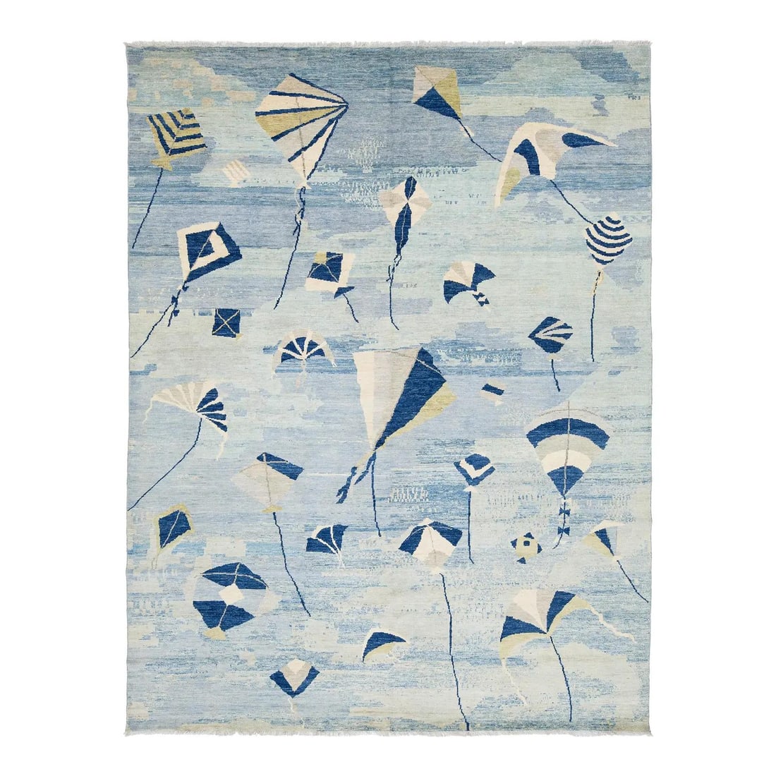 8'11" x 11'8" Hand-Knotted Wool Rug With Playful Kite Pattern: 8'11" x 11'8" Hand-Knotted Wool Rug With Playful Kite Pattern This modern hand-knotted wool rug features a playful kite motif in navy, cream, and soft gold set against a textured, multi-tonal sky blue