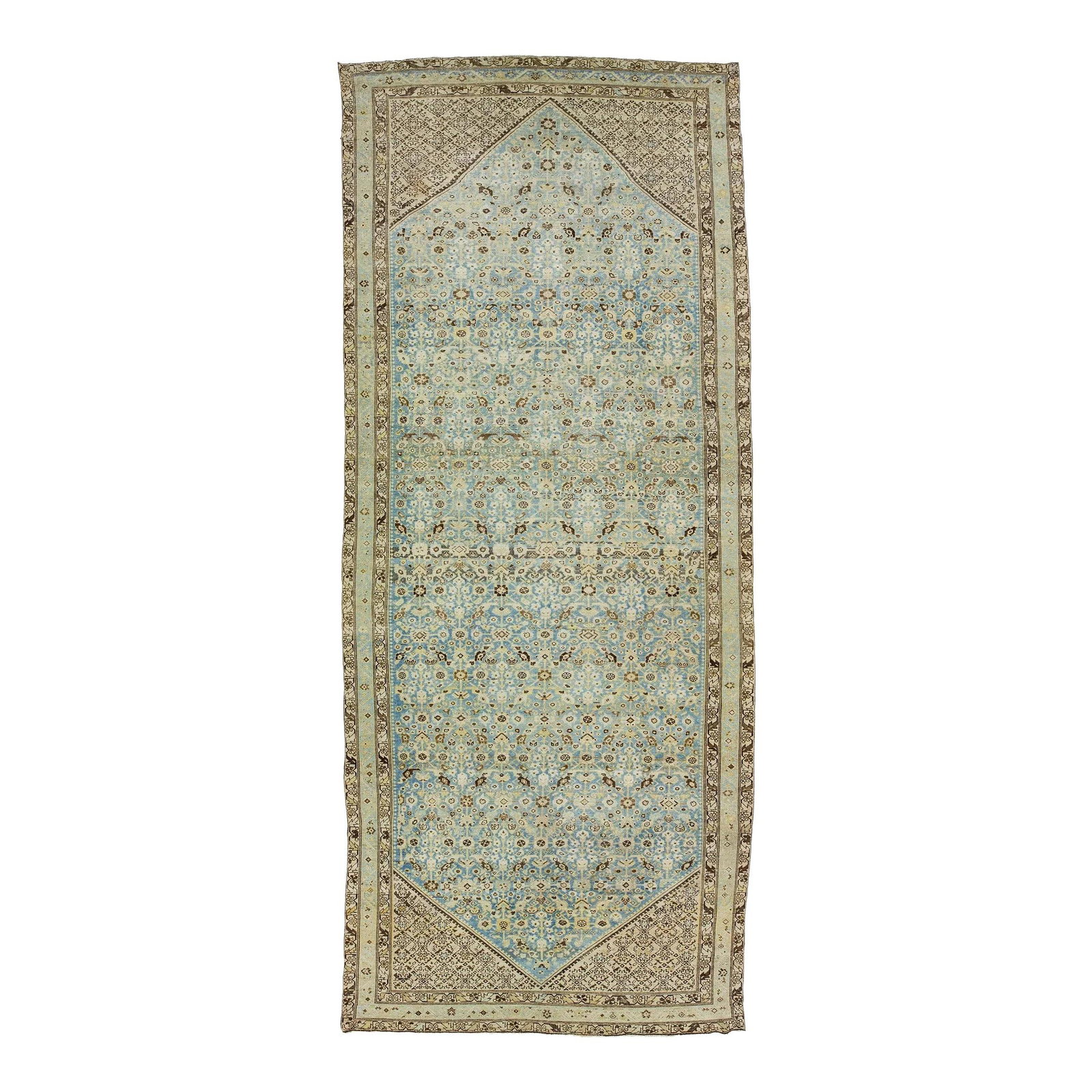 Handmade Antique Persian Malayer Wool Rug Blue Allover Design 7'1" x 17": Handmade Antique Persian Malayer Wool Rug Blue Allover Design 7'1" x 17" This stunning handmade antique Persian Malayer rug showcases exceptional craftsmanship with its intricate all-over classical pa