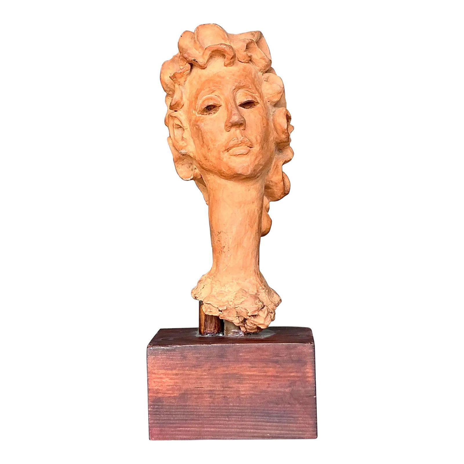 Vintage Boho Terracotta Woman Bust Sculpture with Wooden Base: Vintage Boho Terracotta Woman Bust Sculpture with Wooden Base This vintage terracotta bust of a woman beautifully encapsulates the timeless elegance of classical art infused with a bohemian touch. Cra