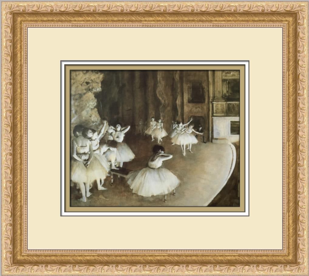 Edgar Degas Ballet Rehearsal Custom Framed Print in Gold Ornate Frame: Edgar Degas Ballet Rehearsal Custom Framed Print in Gold Ornate Frame This exquisite custom framed print titled "Ballet Rehearsal" by renowned artist Edgar Degas captures the beauty of dance through a