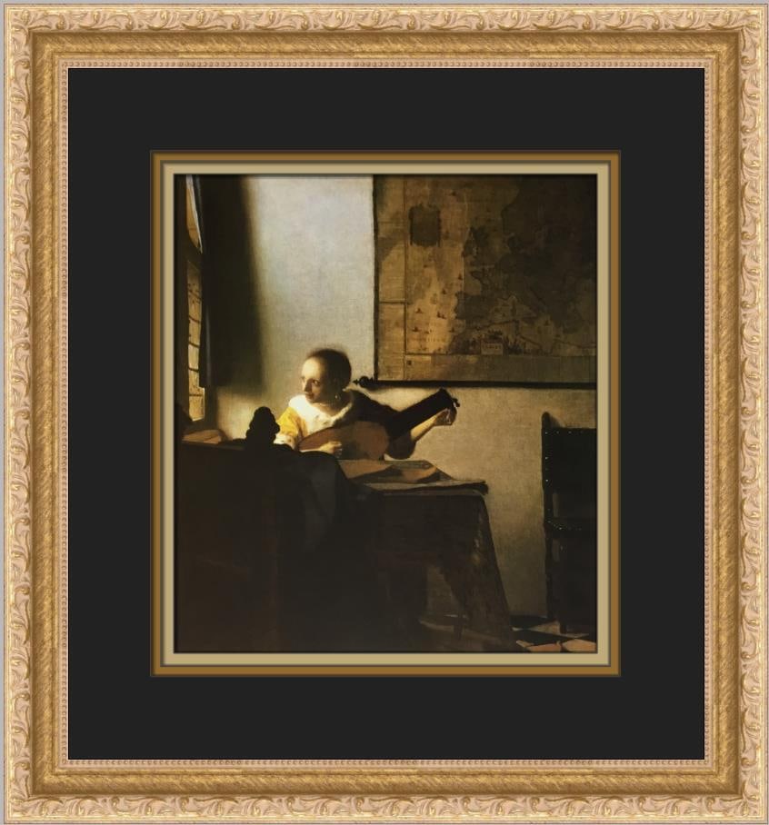 Vermeer Woman with a Lute Custom Framed Offset Lithograph Print: Vermeer Woman with a Lute Custom Framed Offset Lithograph Print This custom framed print titled "Woman with a Lute" by Vermeer captures the elegance of figurative art. Produced as an offset lithograph