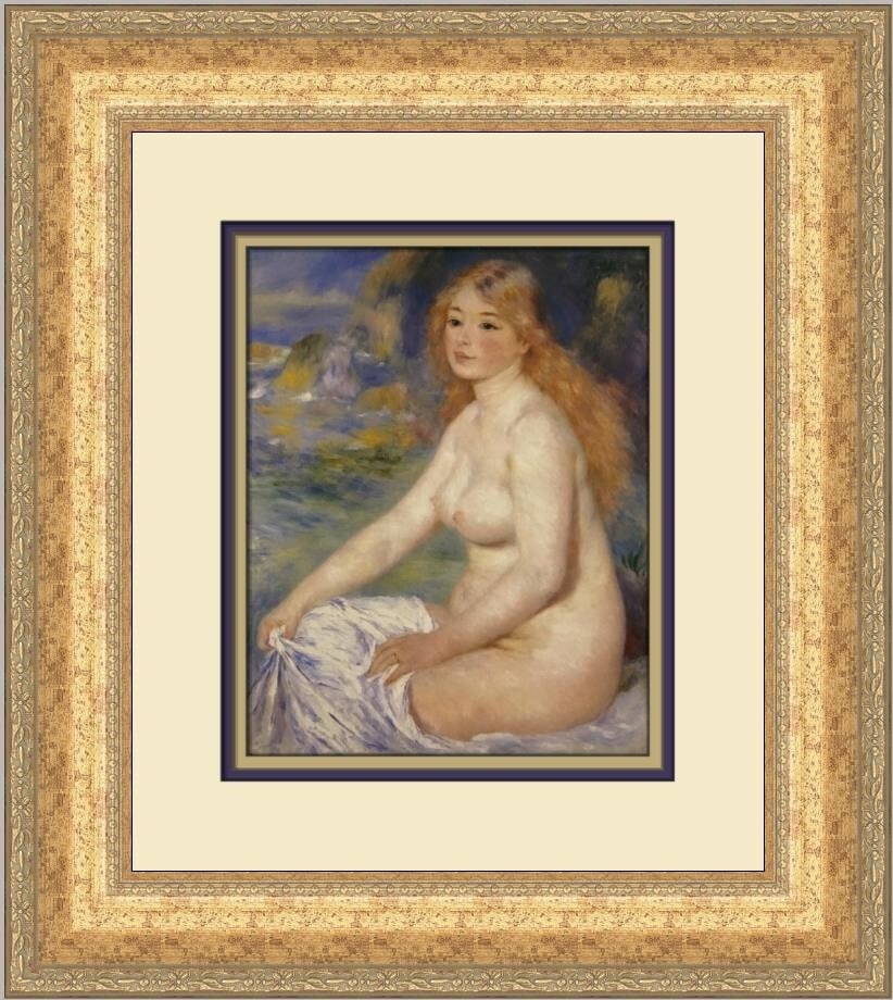 Renoir Blonde Bather at the Seaside Custom Framed Print 18x16: Renoir Blonde Bather at the Seaside Custom Framed Print 18x16 This exquisite custom framed print features Pierre-Auguste Renoir's iconic artwork, "Blonde Bather at the Seaside." Measuring 18 inches in