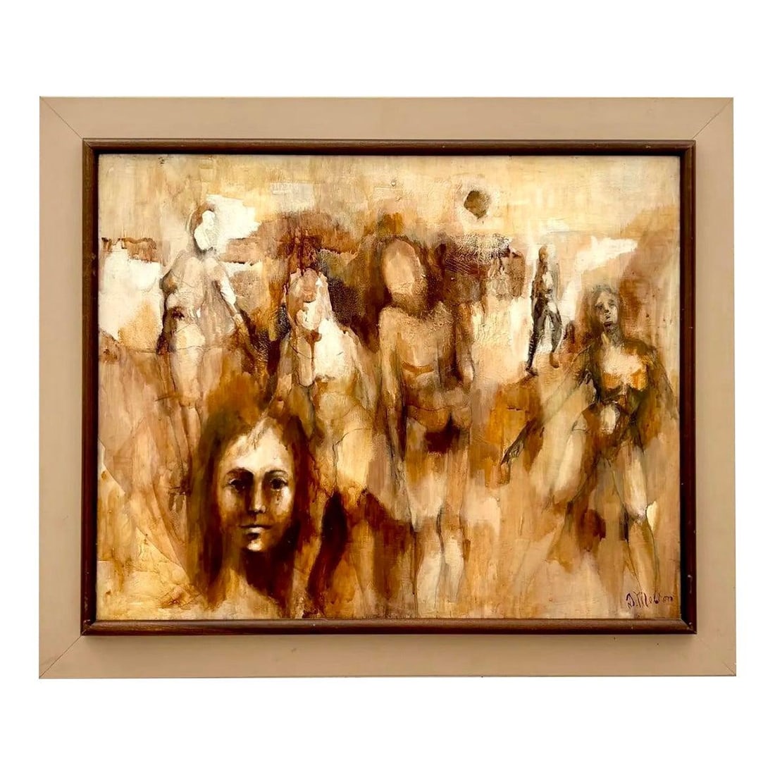 Bohemian Abstract Figurative Oil Artwork Framed by D Melton: Bohemian Abstract Figurative Oil Artwork Framed by D Melton This vintage oil painting by D. Melton features an abstract figurative composition in a boho style. Rendered in a rich, earthy palette, the