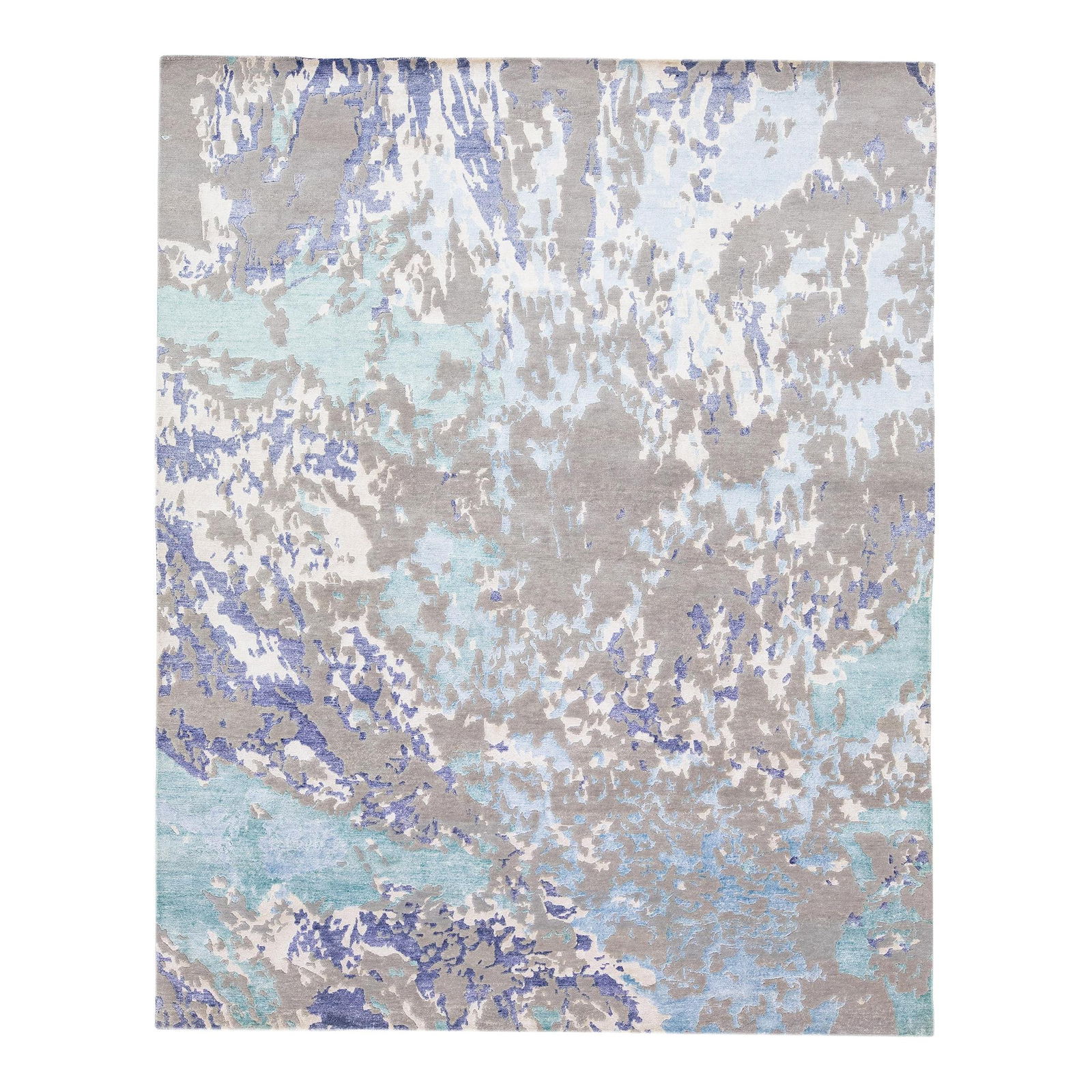 Modern Wool Silk Rug 8'2 x 10'1 Teal Gray Abstract Design: Modern Wool Silk Rug 8'2 x 10'1 Teal Gray Abstract Design Enhance your living space with this exquisite modern Indian rug made from a luxurious blend of wool and silk. Featuring a light blue field ado