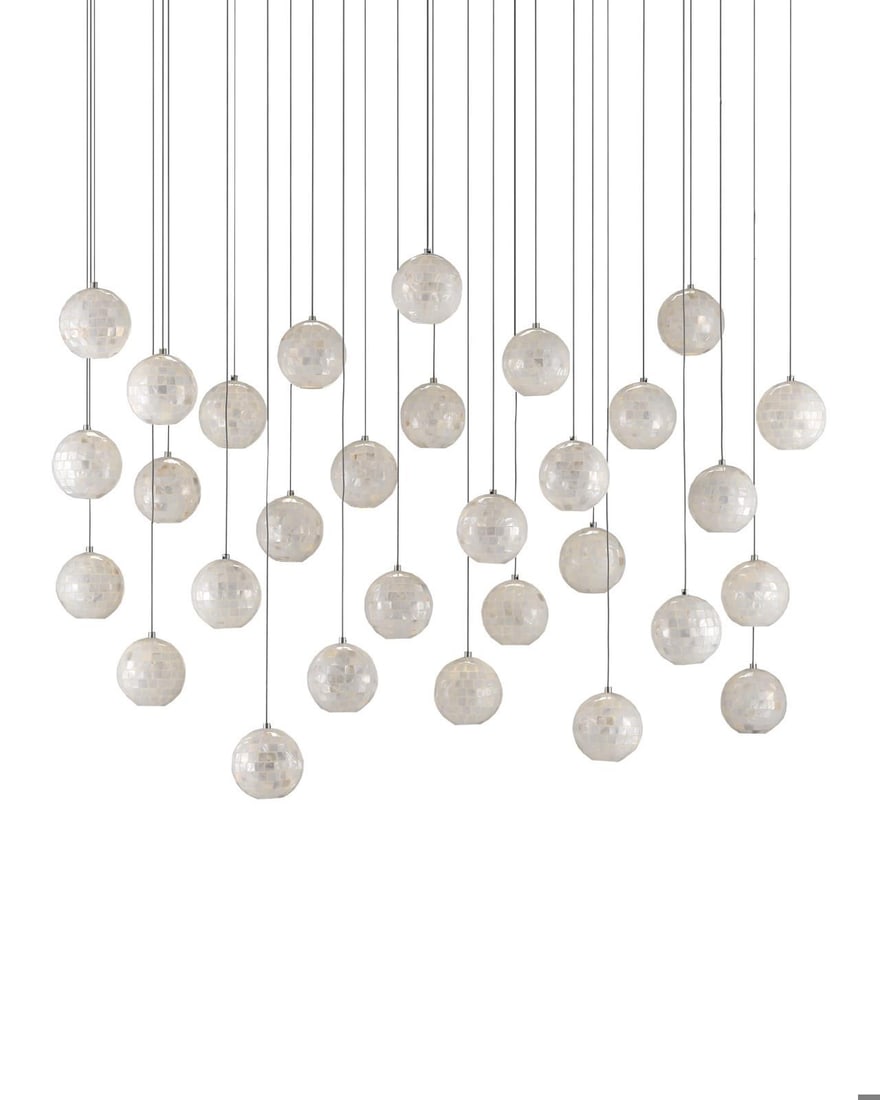 Currey Finhorn 30-Light Multi-Drop Pendant with Mother of Pearl Shade: Currey Finhorn 30-Light Multi-Drop Pendant with Mother of Pearl Shade Illuminate your space with the exquisite Finhorn Multi-Drop Pendant, a stunning lighting fixture that blends contemporary style wi