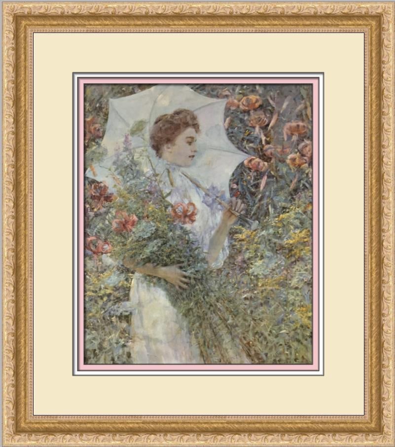 Robert Reid The White Parasol Custom Framed Impressionist Print: Robert Reid The White Parasol Custom Framed Impressionist Print This beautiful custom framed print titled "The White Parasol" by artist Robert Reid showcases a charming landscape with figures, rendere