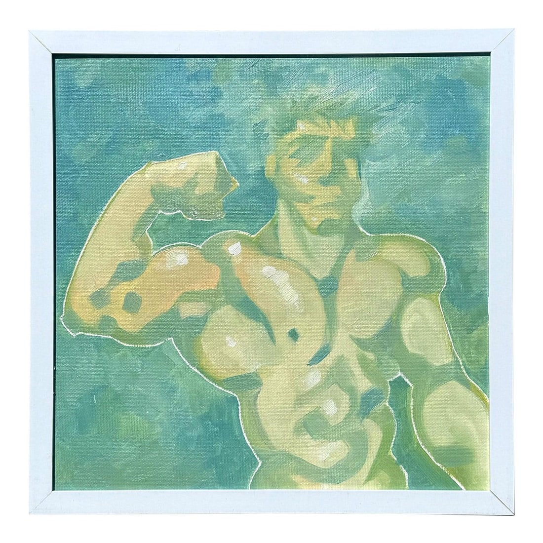 Playful Caricature Oil Painting of Muscular Man on Masonite Board: Playful Caricature Oil Painting of Muscular Man on Masonite Board This vintage oil painting features a bold and humorous abstract figurative depiction of a muscular man, rendered in a playful caricatu