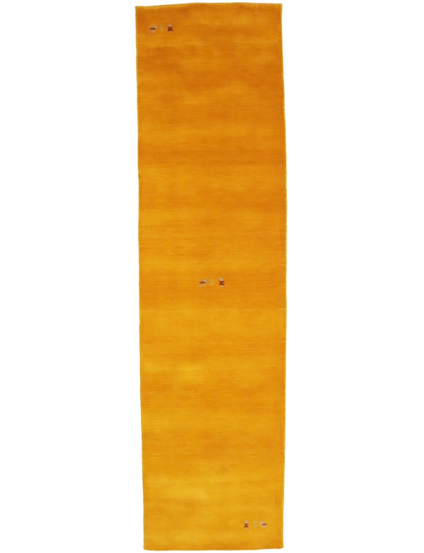 Hand-Knotted Wool Gabbeh Marigold Runner Rug 2'7 x 7'11 Modern Tribal Design: Hand-Knotted Wool Gabbeh Marigold Runner Rug 2'7 x 7'11 Modern Tribal Design This Gabbeh runner rug features a marigold color with a pictorial tribal design, hand-knotted from wool. Its rectangular sh