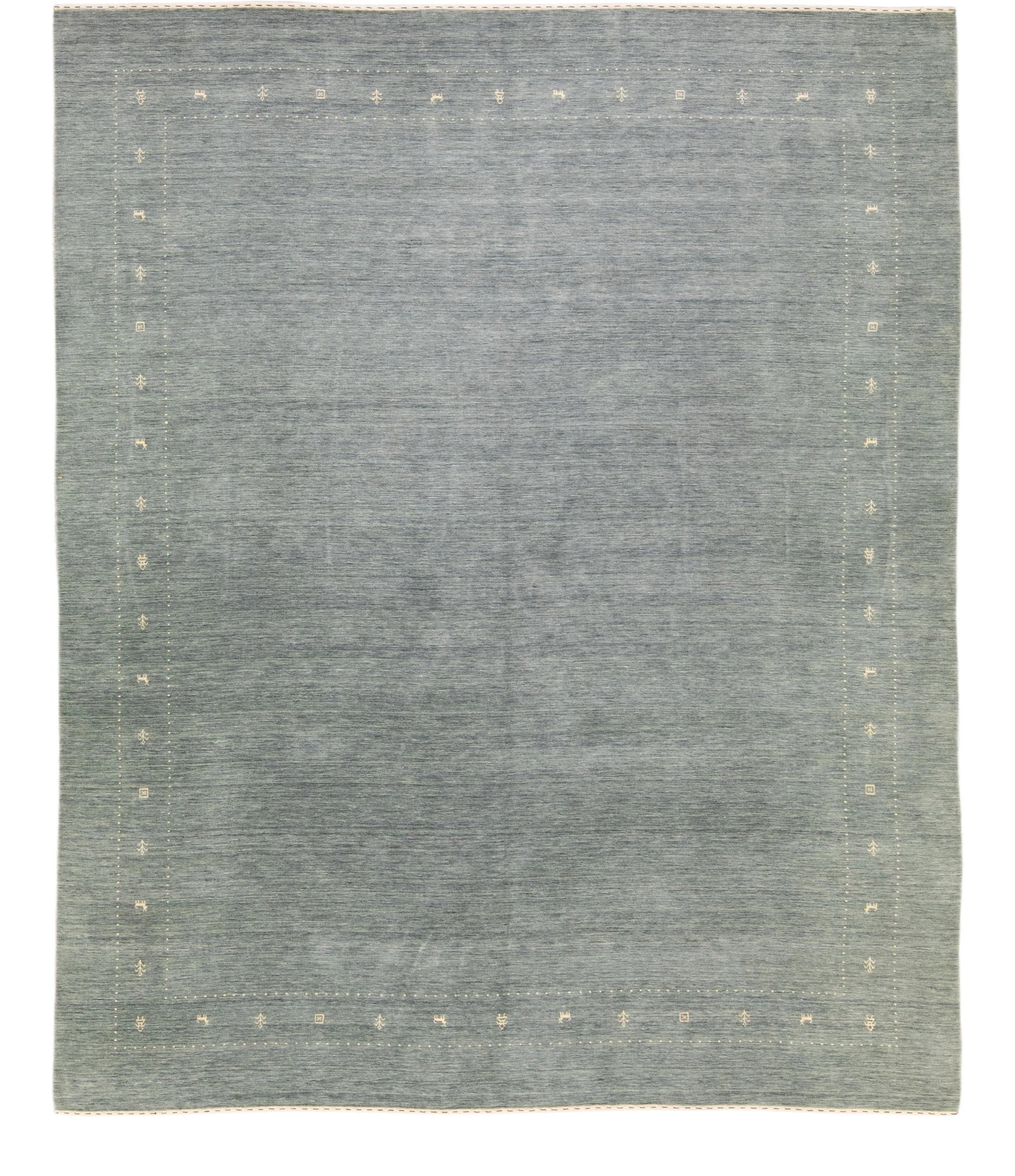 Gabbeh Style Gray Hand-Loom Wool Rug 12'3 x 15' Modern Design: Gabbeh Style Gray Hand-Loom Wool Rug 12'3 x 15' Modern Design Enhance your living space with this stunning modern Gabbeh style hand-loom wool rug featuring a sophisticated gray field. Accentuated with