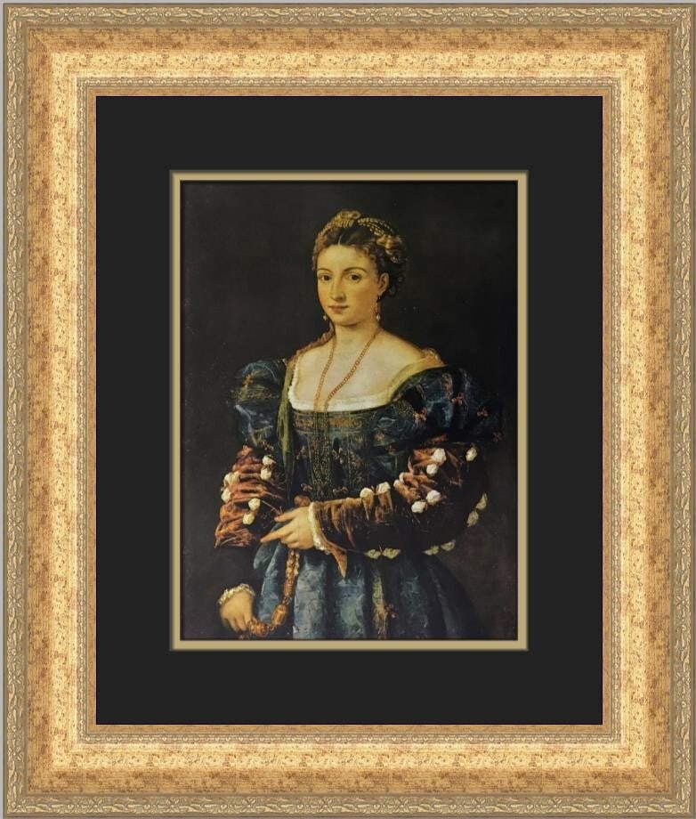 Titian Portrait of La Bella Custom Framed Art Print 1978: Titian Portrait of La Bella Custom Framed Art Print 1978 This exquisite custom framed print features Titian's renowned 'Portrait of La Bella'. Measuring 19 in. by 17 in., this medium-sized artwork is