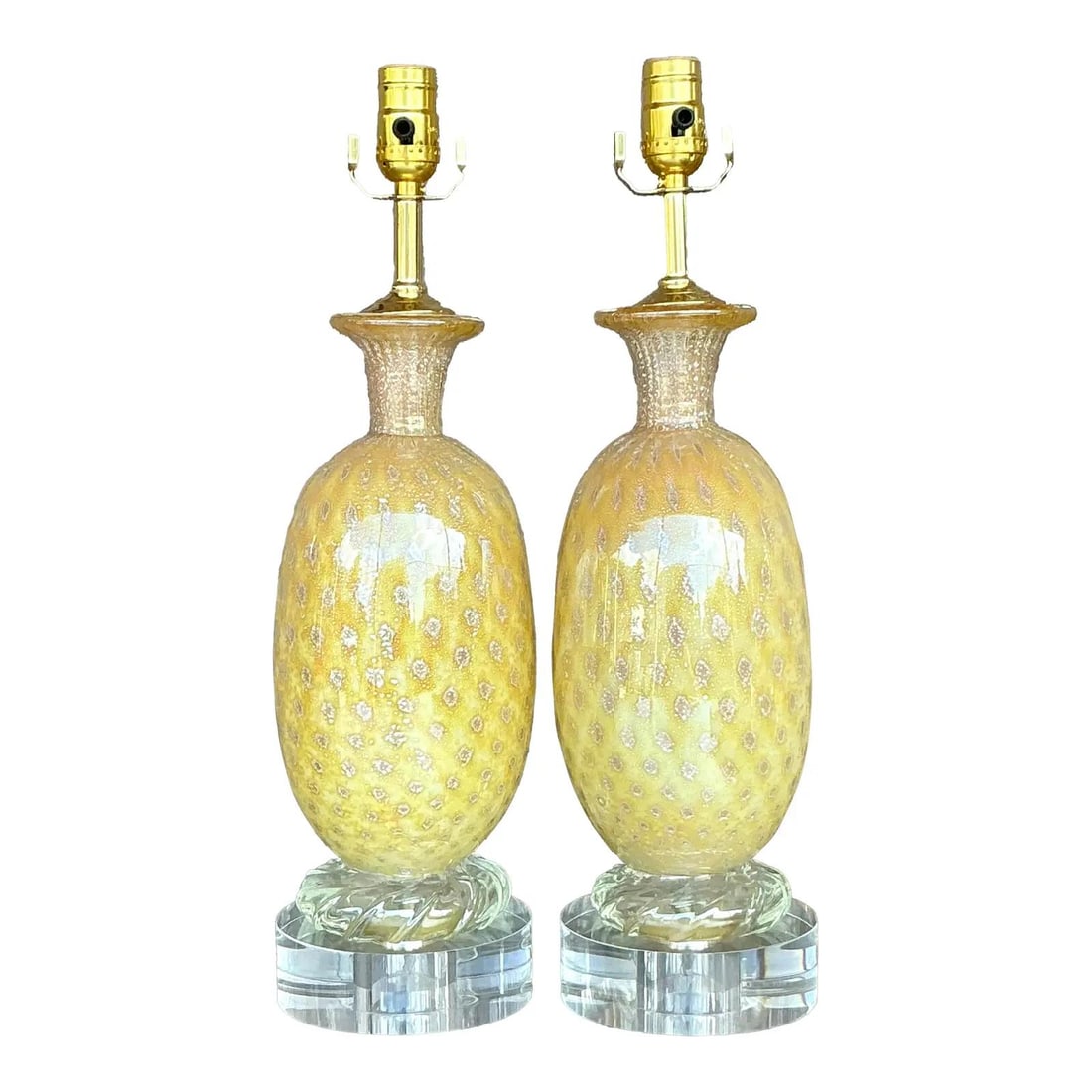 Pair of Vintage Regency Murano Glass Lamps with Lucite Bases: Pair of Vintage Regency Murano Glass Lamps with Lucite Bases Elevate your home decor with this stunning pair of Vintage Regency Art Glass Lamps, inspired by the renowned craftsmanship of Murano. These