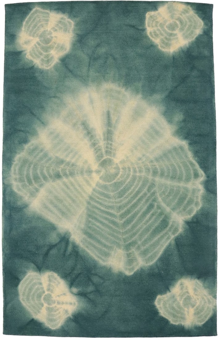 5x8 Teal Wool Area Rug Hand-Tufted Modern Geometric Abstract Design: 5x8 Teal Wool Area Rug Hand-Tufted Modern Geometric Abstract Design This modern area rug features a teal geometric pattern with a hand-tufted wool construction. Its abstract tie-dye design adds a cont