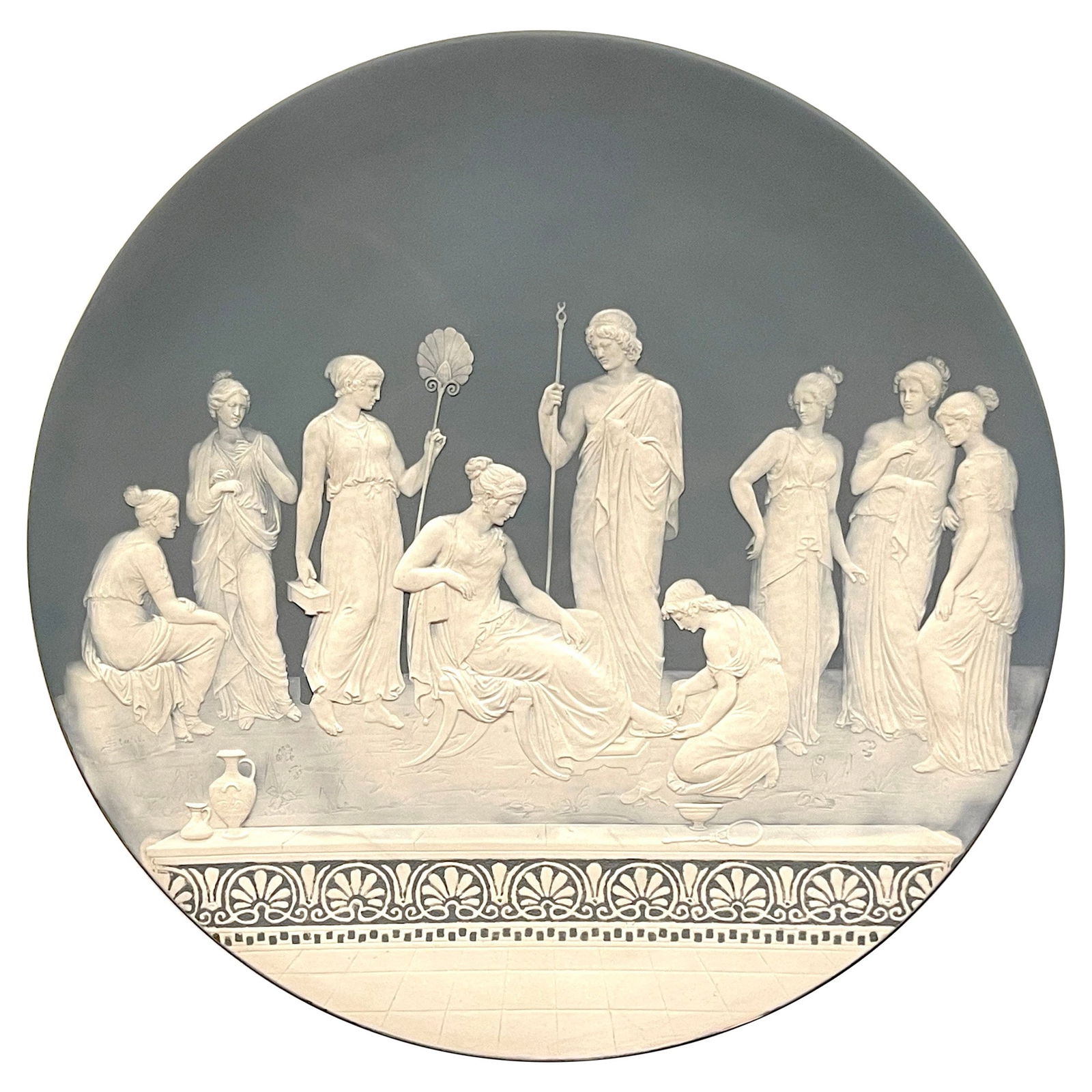 Jean Baptist Stahl Neoclassical Charger 1890s Pate-sur-Pate Court Scene: Jean Baptist Stahl Neoclassical Charger 1890s Pate-sur-Pate Court Scene Presenting a remarkable Neoclassical charger by Jean Baptist Stahl, crafted in the late 19th century around the 1890s in Germany