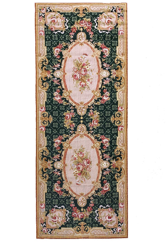 Emerald Green Needlepoint Runner Rug 2.6 x 6.7 Elegant Hallway Accent: Emerald Green Needlepoint Runner Rug 2.6 x 6.7 Elegant Hallway Accent Free continental US Shipping This 2.6 x 6.7 emerald green needlepoint runner features refined craftsmanship with precise detailing